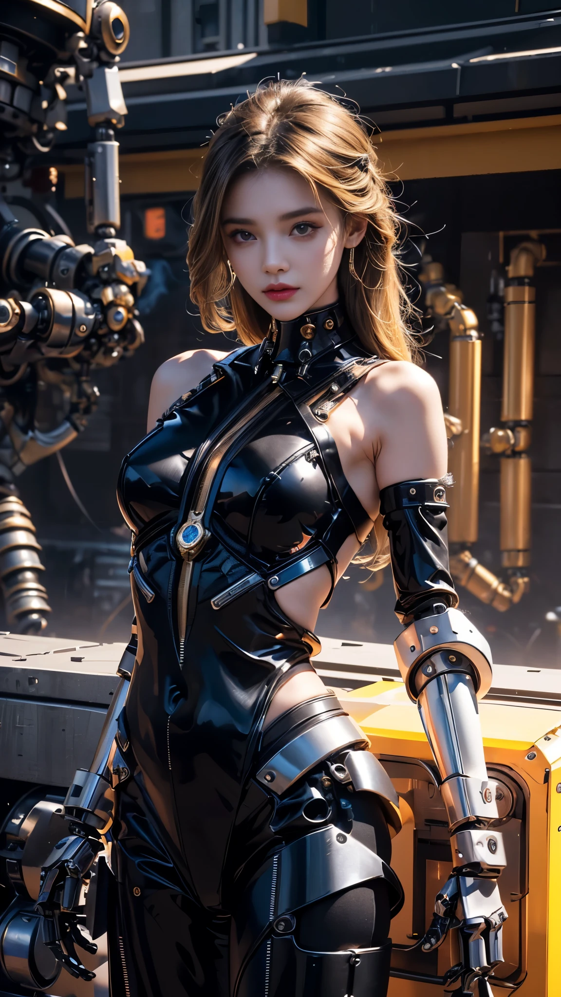 Top quality, delicate face, 25-year-old girl, slim body, red metal body, small bust, metal structure skeleton, seaside, standing position, abandoned factories, many rusty pipes, huge spaceship floating in the air, cyberpunk, sci-fi, creepy full moon, dark clouds
