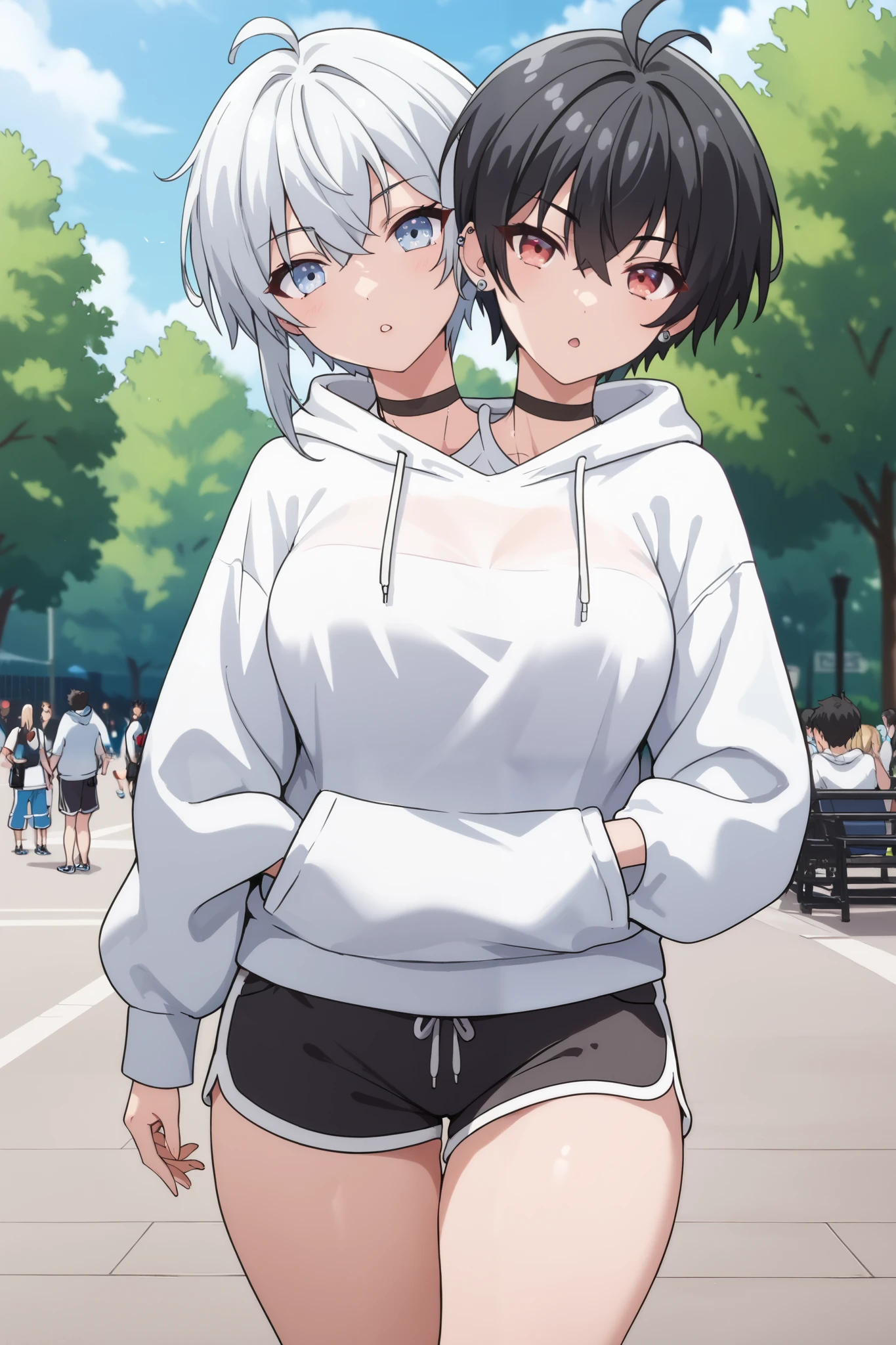 2heads, a tall thin woman with 2 heads, black hair, white hair, red eyes, blue eyes, grinning, She is wearing a white hoodie and black dolphin shorts. She is inside a theme park. She is walk in the theme park, Gigantic breasts. tomboy, ear piercing,