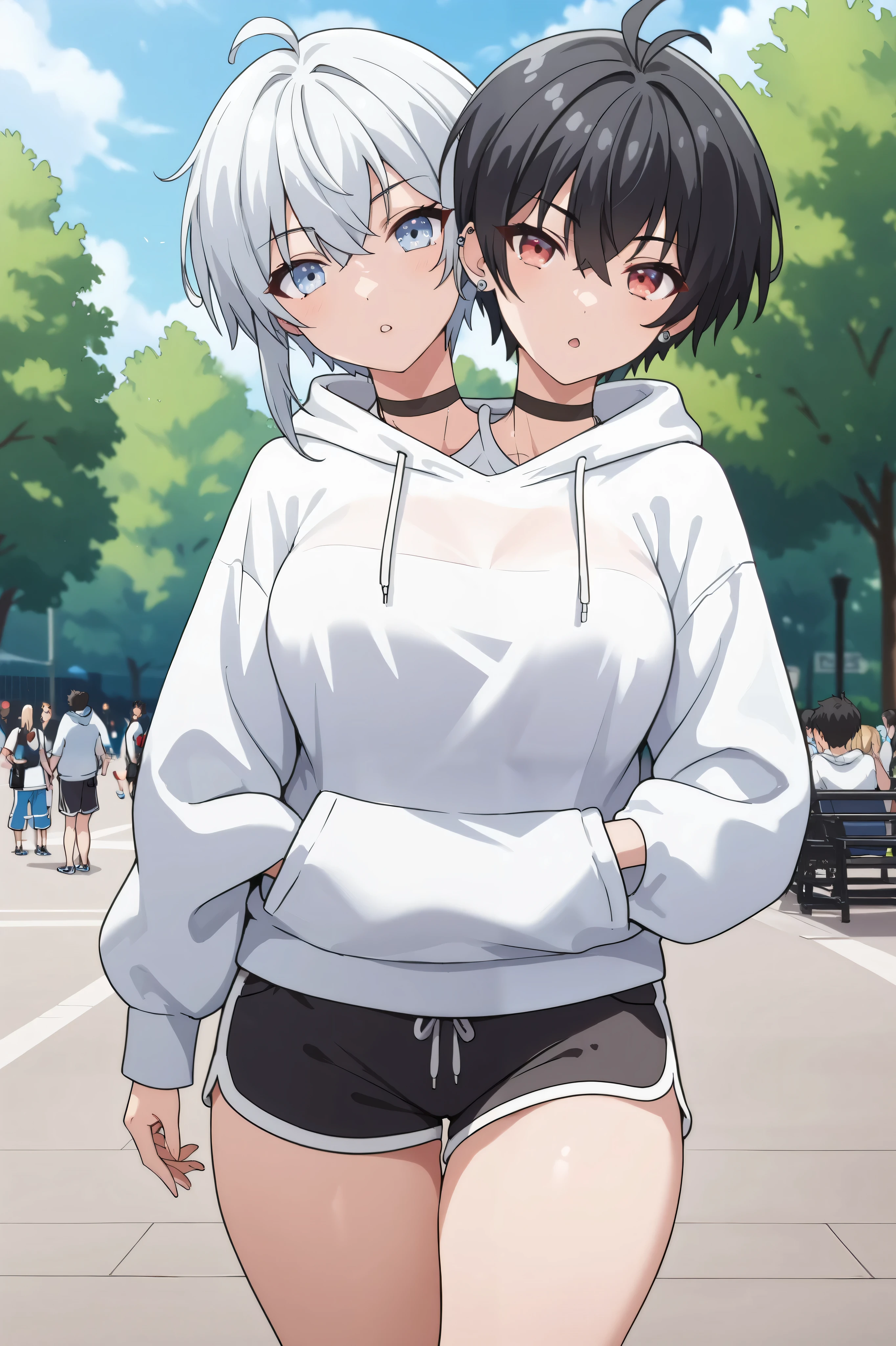 2heads, a tall thin woman with 2 heads, black hair, white hair, red eyes, blue eyes, grinning, She is wearing a white hoodie and black dolphin shorts. She is inside a theme park. She is walk in the theme park, Gigantic breasts. tomboy, ear piercing,