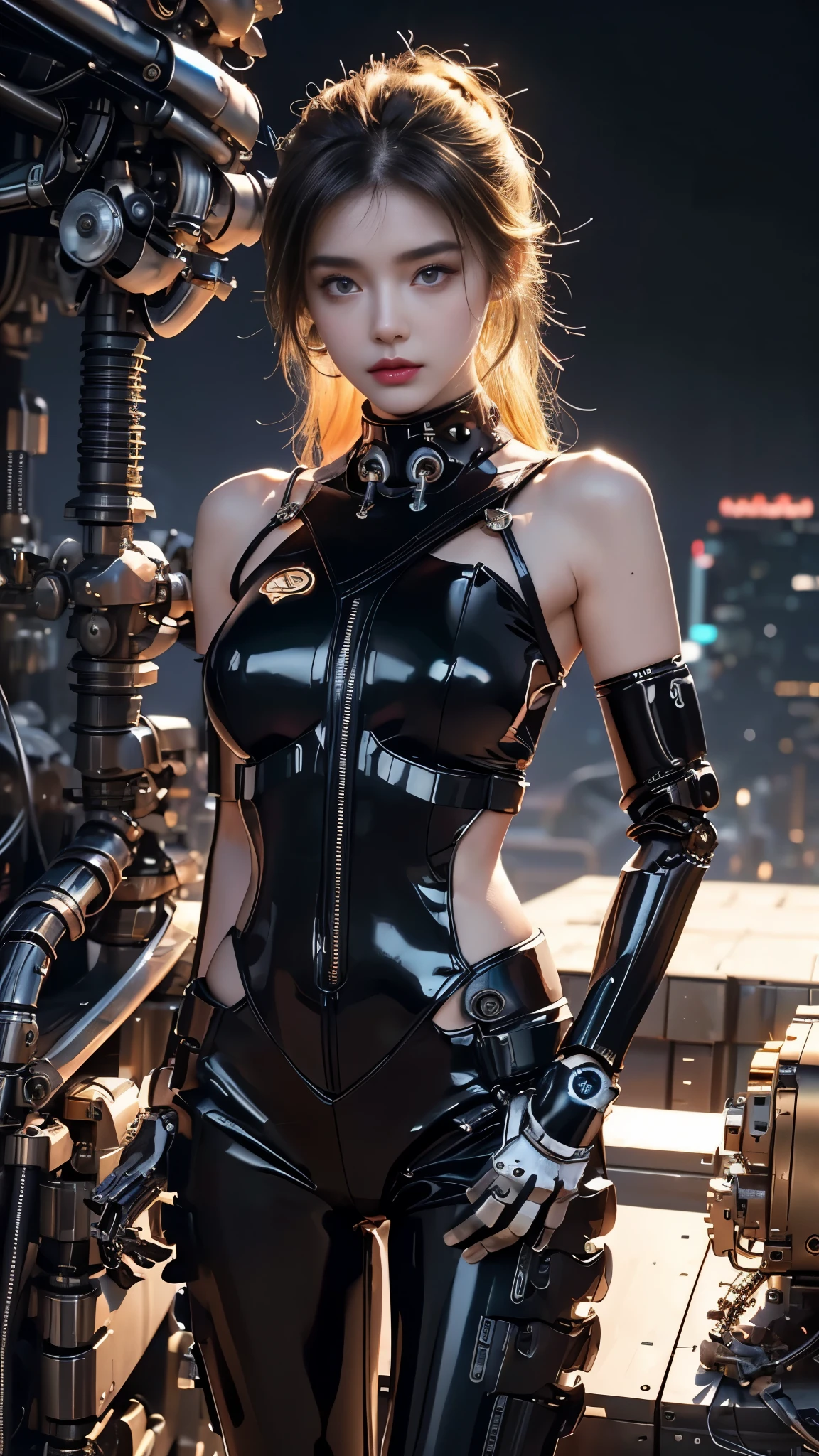 (1 mechanical girl)、Top quality、masterpiece、Ultra-high resolution、(Realism:1.4)、original photo、1 girl、blonde、Glowing skin、(((1 mechanical girl)))、(小LED)、((Ultra-realistic details))、porch、Global Illumination、shadow、Octan Rendering、8K、Super sharp、huge 、Bare skin is exposed in the cleavage、Metal、Intricate decorative details、Japan Details、Extremely complex details、Realistic lighting、CGSoation trends、Red Eyes、radiant eyes、face camera、Neon detail mechanical limbs)、(Blood vessels connected to tubular mechanical vertebrae connected to the back、Mechanical cervical fixator、(Wires and cables to the head)、Gundam、小LED、,Mechanical Thigh、Tustock、