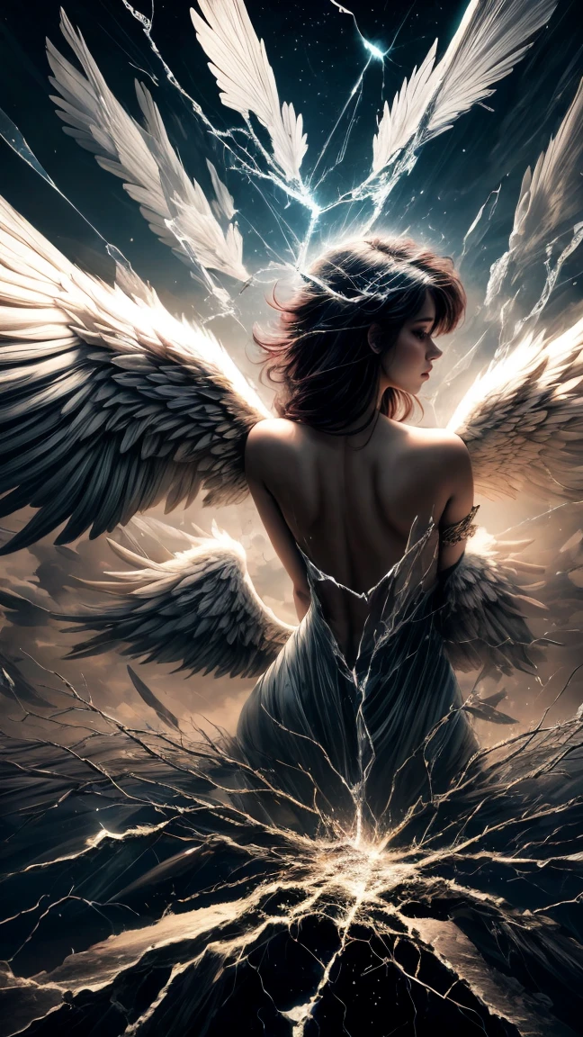 Generate an angel girl, with black and white wings of seraphim, Her hair cut in several layers, black and white., light blue eyes, flying in the sky infested with other demonic specters, Below a city is burning in flames covered in smoke, the girl's eyes shine very brightly, There is an angelic glowing aura around him.