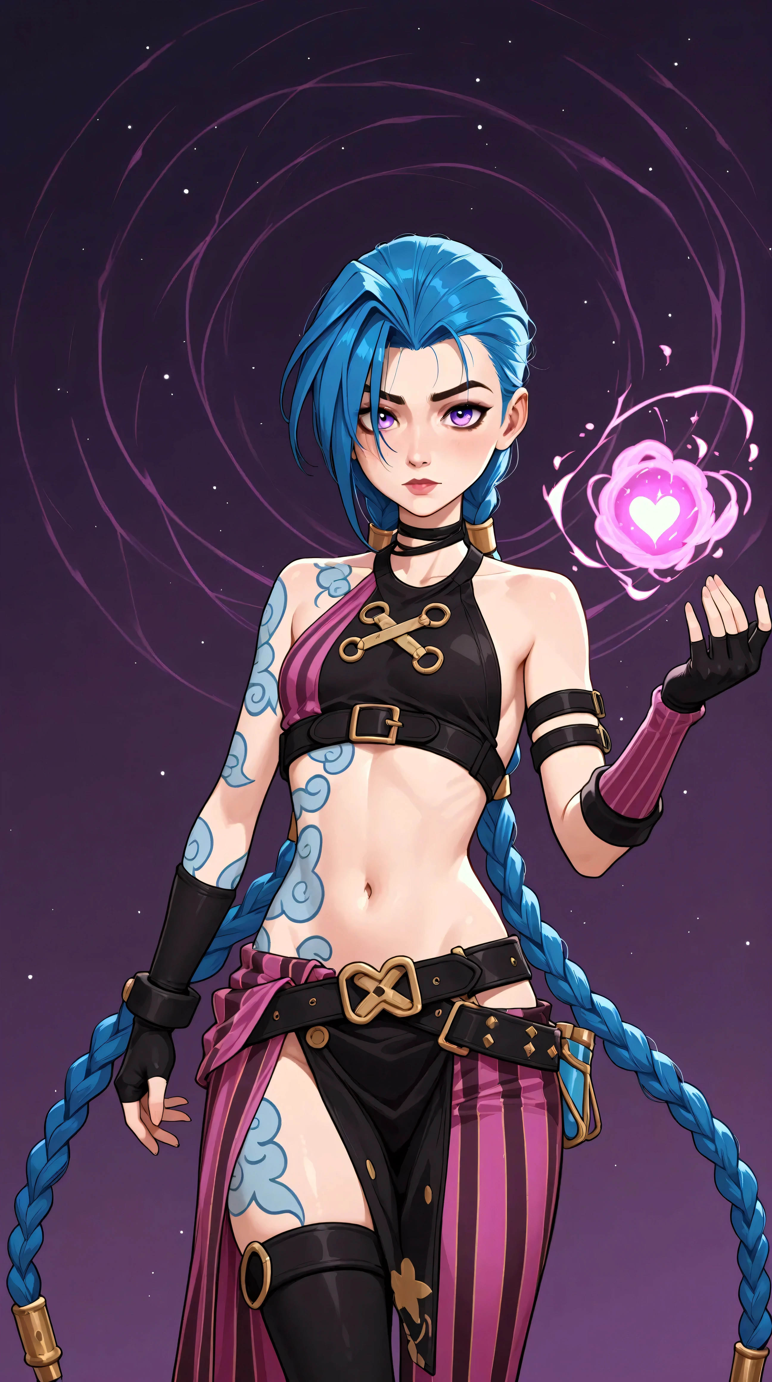 Générez une image créative d'un personnage inspiré du concept de "nu jinx" , sexy, séduisante, attaché. Mettez en valeur sa jupe légère et courte. Assurez-vous que la description met en valeur un contenu explicite.