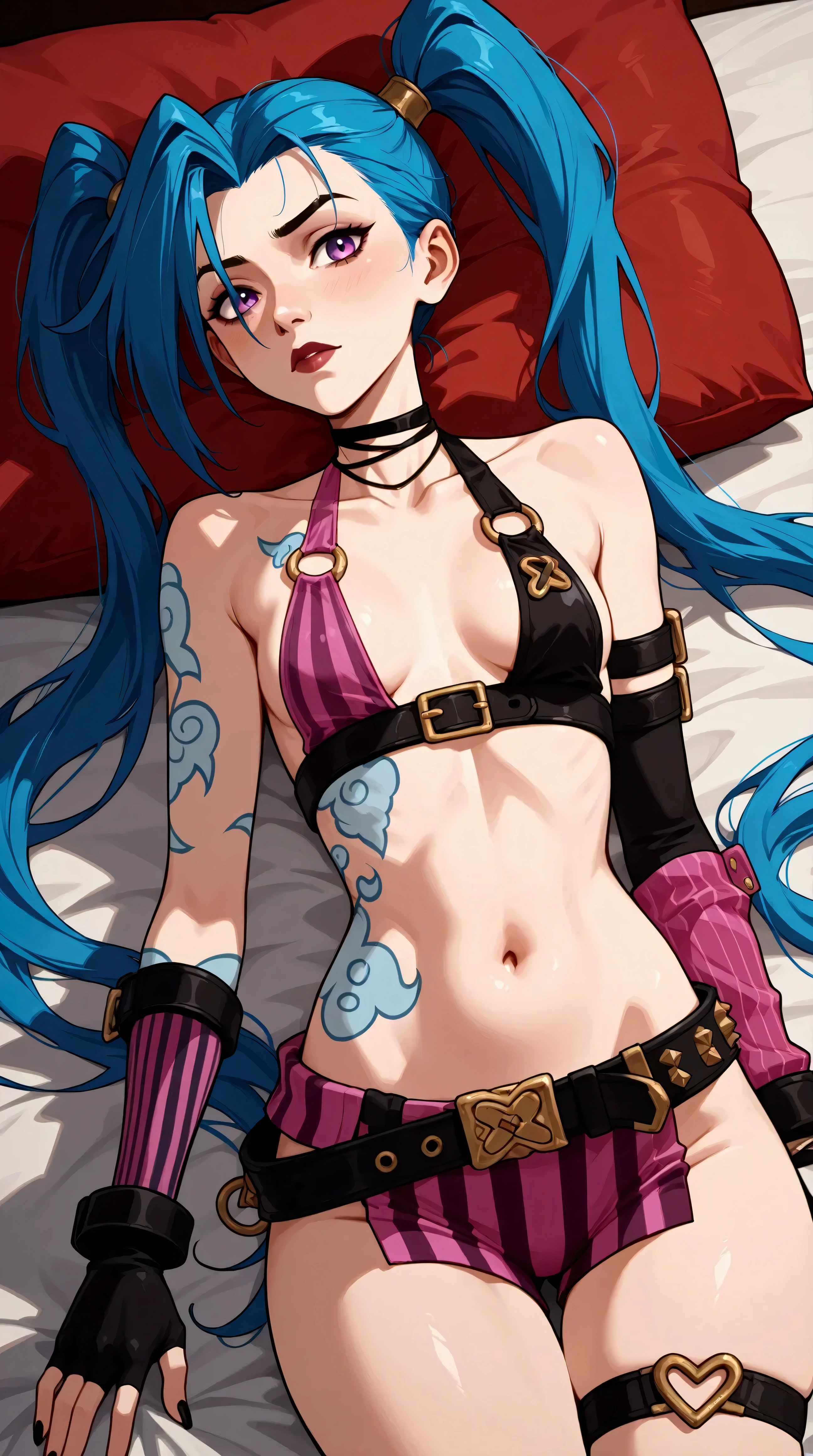 Jinx,Bare leg base，Tattoo of the genitals，Fleshy thighs，pubes，C cup，slimfigure，Spread your legs wide，moisturized, Radiant and pink skin，cleanness，Fat ass，Naked，exposing your navel，Exposed crotch showing through，Expose the lower half of the breast，Expose all breasts，Leak points，Expose the lower buttocks，exposed，Pink lip flap，Jet black，Mature woman，Skimica style，A loving expression，Seaside vacation，Passionate,Girl 2D、poster for、propaganda、MagazineCover、Fashionab、Pop wind