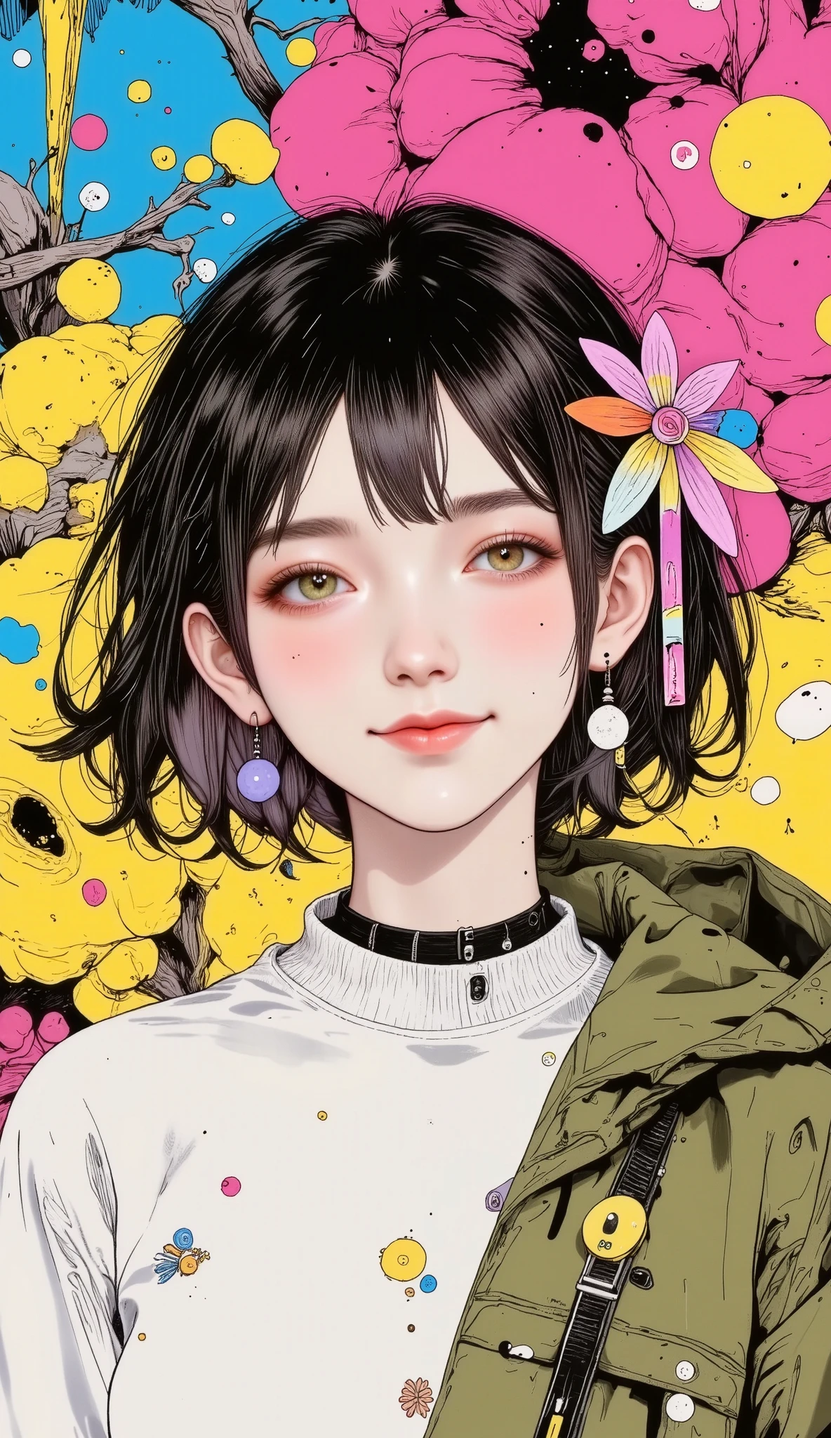 digital illustration style manga :1.5, A manga girl , A manga girl :1.5 , sad, Cheerful fun , beautiful smile, full body, highly detailed , seeds, sharp focus, 8K, high definition resolution , line art illustration , abstract colorful , cyan magenta yellow, olive green, black and white:1.45, The art of meat by Griffiths and Wadim Kashin, fondo olive green