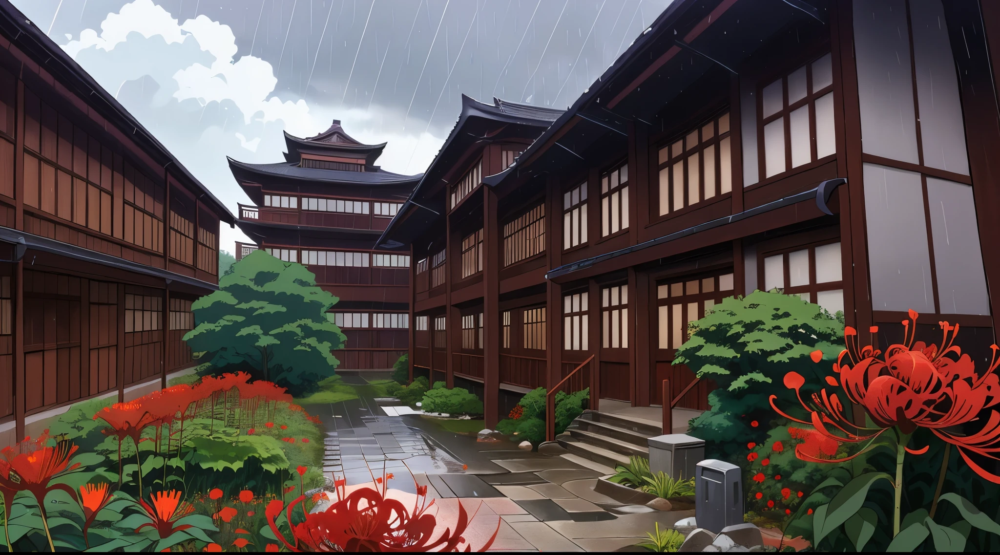 (Rainy sky) (Raindrops Falling) (Afternoon) (Grey Sky)
(80’s Anime) (Classic) (Vintage) (Retro)

1980’s Tokyo High School is a huge broad campus of several buildings build in a traditional Japanese High School architectural style.

The school building is well hidden in the center of Tokyo's City, far and high in the Downtown District. Naturally, there is a garden where there are a lot of (Red spider lily flowers) (Higanbana) around the property to further obscure the location.

(View from the Stairwell)