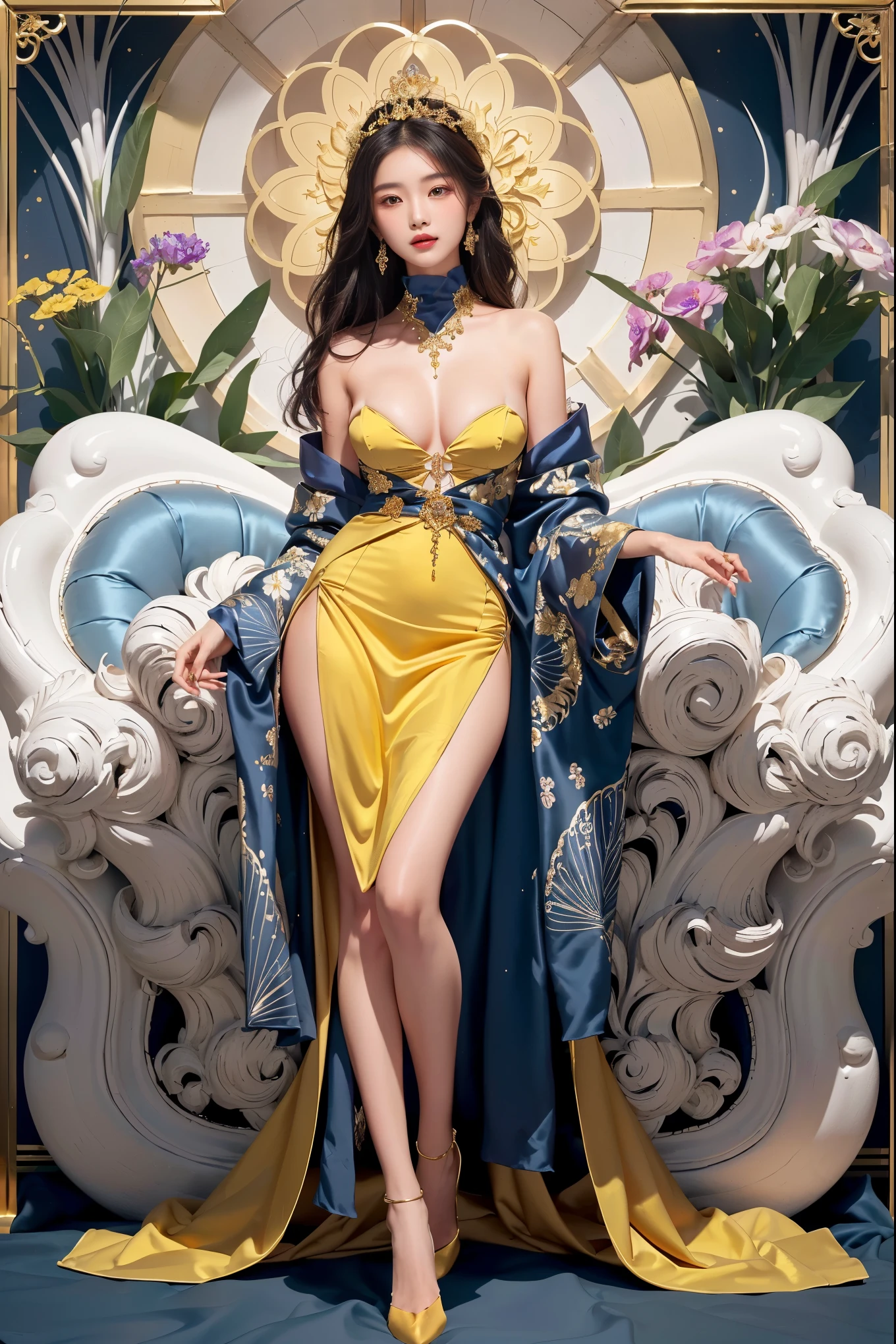1 girl, standing, sexy seductive pose, (single, full body: 0.6, young, big breasts: 1.2), detailed face, Chinese woman, wearing dress, long and beautiful flowing costume, yellow cloth, yellow gorgeous dress, close-up of a woman,