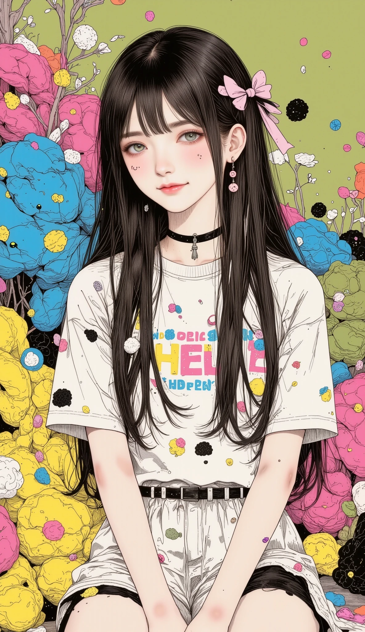  digital illustration style manga :1.5, A manga girl  , A manga girl :1.5 , sad, Cheerful fun , beautiful smile,  Long hair ,  full body,  highly detailed , seeds, sharp focus, 8K,  high definition resolution ,  line art illustration  ,  abstract colorful ,  cyan magenta yellow, olive green,  black and white:1.45,  The art of meat by Griffiths and Wadim Kashin, fondo olive green