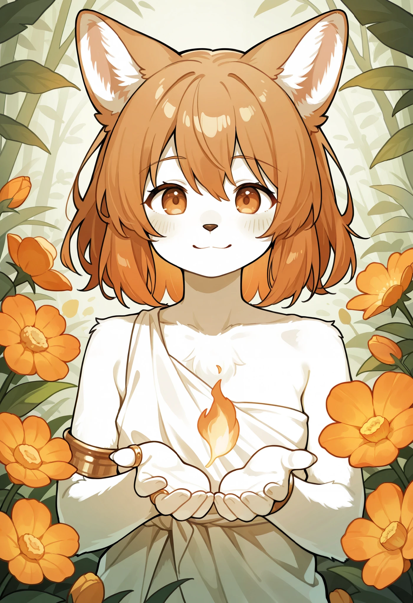 score_9, score_8_up, score_7_up, score_6_up, score_5_up, score_4_up, source_funny, absurdres, perfect anatomy, monochrome, watercolor, highres, 1girl, kemono, furry, detailed body fur, animal face, animal hand, Archaic Smile, holding a cluster of orange flower in both hands, She is wearing a simple ring on the ring finger of her left hand, unfocused spread of orange flower, fan-created work shared on platforms Pixiv or Twitter,