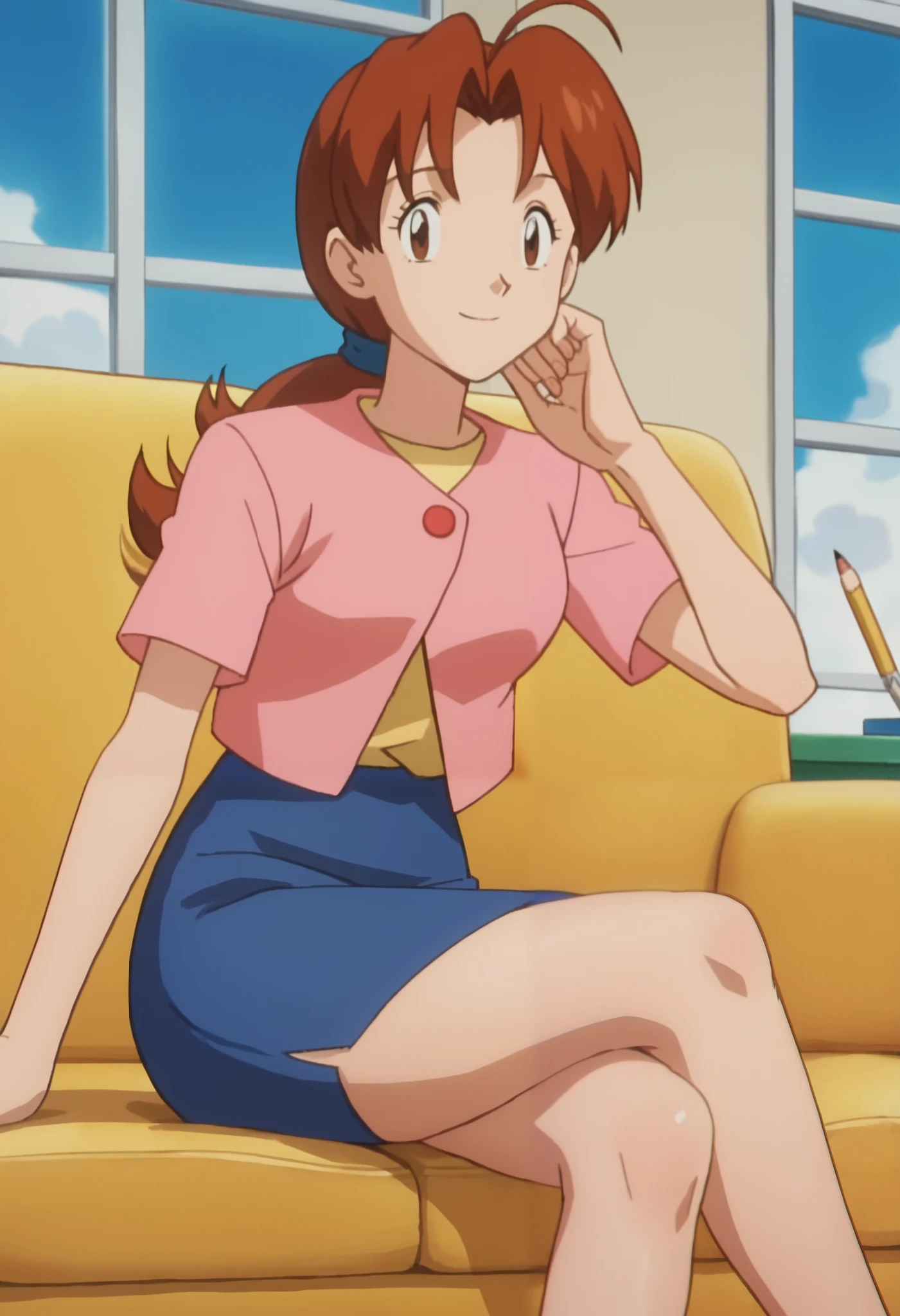 score_9, score_8_up, score_7_up, score_6_up, anime screencap, anime coloring, PMDeliaK, 1girl, solo, brown hair, ponytail, ahoge, long hair, parted bangs, brown eyes, hair tie,
pink jacket, short sleeves, blue skirt, pencil skirt,
crossed legs, smile, looking at viewer, sitting,
BREAK, indoors, couch, blue sky, sunbeam,