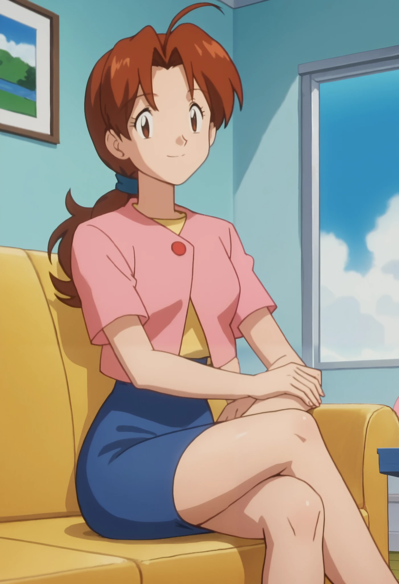 score_9, score_8_up, score_7_up, score_6_up, anime screencap, anime coloring, PMDeliaK, 1girl, solo, brown hair, ponytail, ahoge, long hair, parted bangs, brown eyes, hair tie,
pink jacket, short sleeves, blue skirt, pencil skirt,
crossed legs, smile, looking at viewer, sitting,
BREAK, indoors, couch, blue sky, sunbeam,