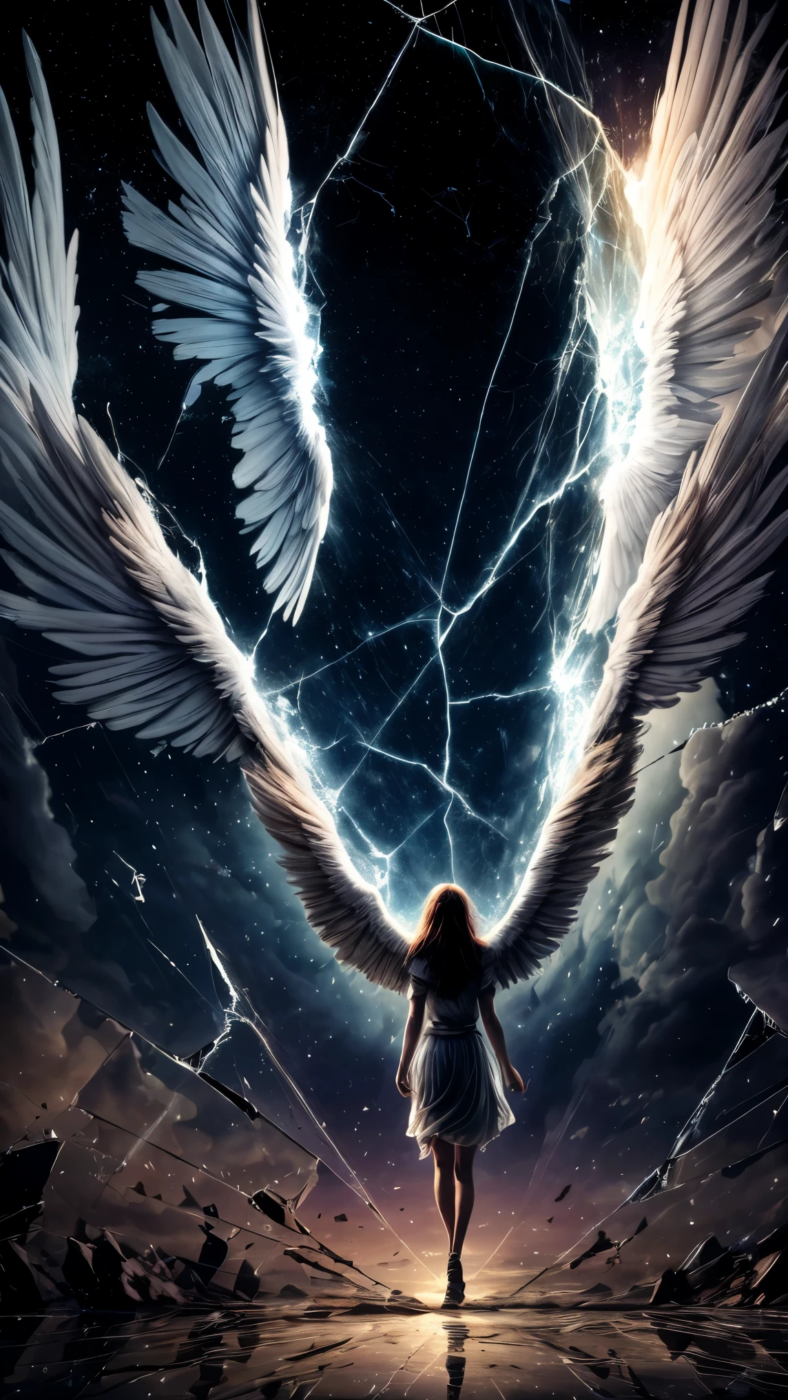 (masterpiece:1.3, Perfect detail: 1.4, top quality, 8k wallpaper, good anatomy:1.4, perfect finger:1.4, perfect face:1.4), (Beautiful Renaissance paintings), (Twilight Sky), (Glass Sky:1.4, Glass Sky:1.4, The sky is breaking like glass:1.4), (Through a crack in the sky, A horde of angels descends from the cracked sky, A horde of angels descends from the cracked sky, A horde of angels descends from the cracked sky), (Incredibly beautiful backgrounds, Best color usage, Complex color expression)