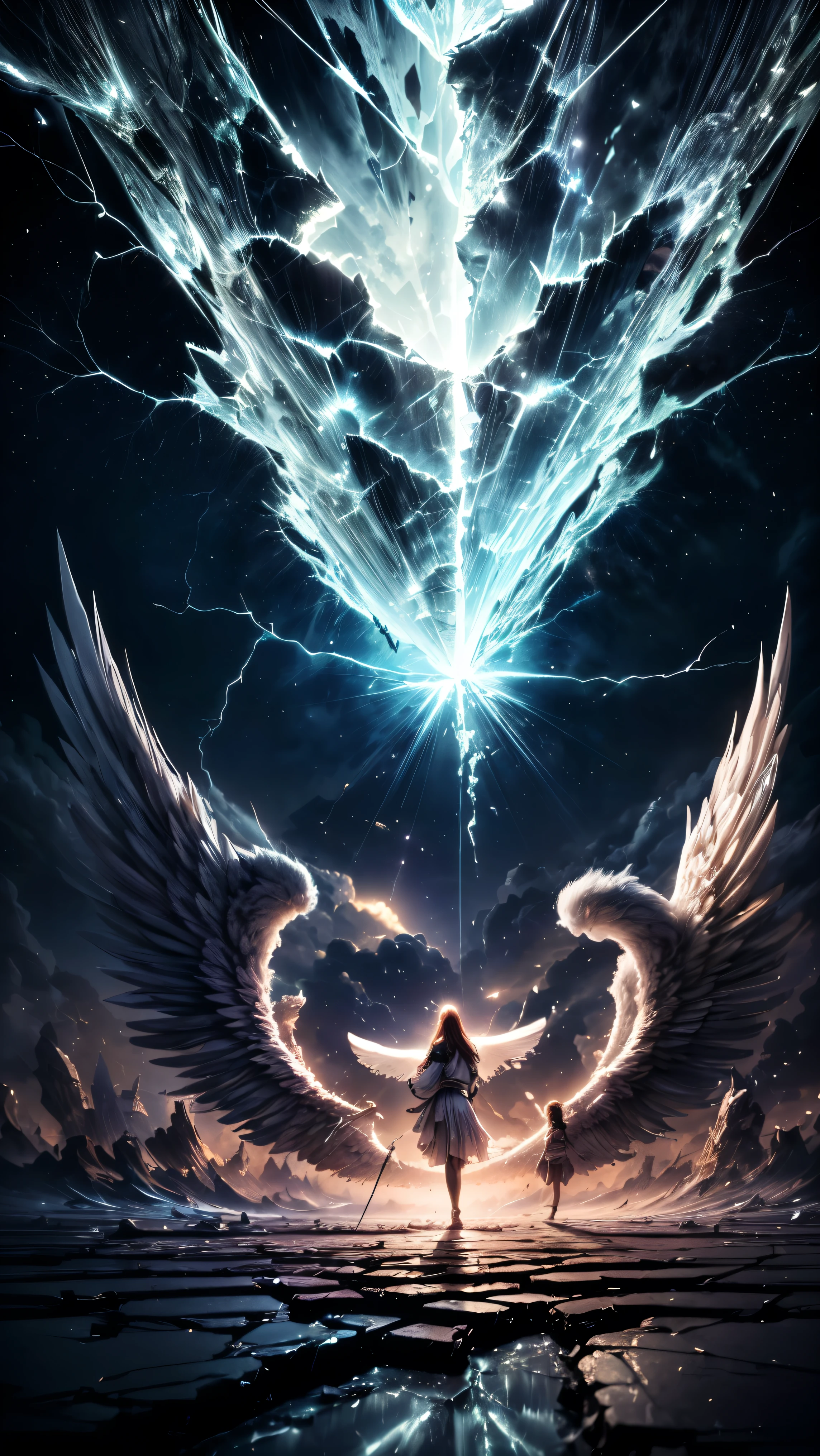 (masterpiece:1.3, Perfect detail: 1.4, top quality, 8k wallpaper), (Beautiful Renaissance paintings), (Twilight Sky), (Glass Sky:1.4, Glass Sky:1.4, The sky is breaking like glass:1.4), (Through a crack in the sky, A horde of angels descends from the cracked sky, A horde of angels descends from the cracked sky, A horde of angels descends from the cracked sky), (Incredibly beautiful backgrounds, Best color usage, Complex color expression)