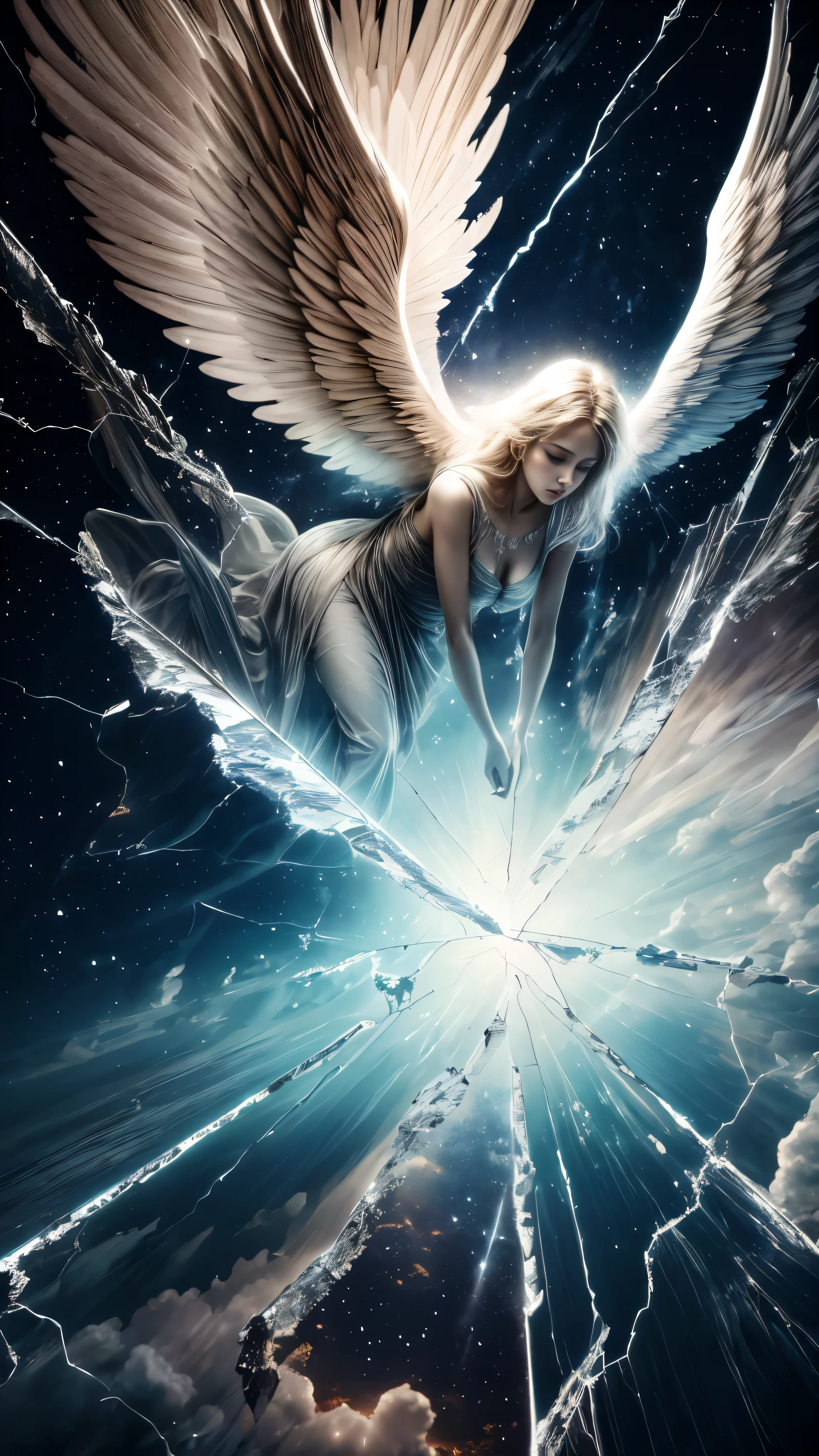 (masterpiece:1.3, Perfect detail: 1.4, top quality, 8k wallpaper, good anatomy:1.4, perfect finger:1.4, perfect face:1.4), (Beautiful Renaissance paintings), (Twilight Sky), (Glass Sky:1.4, Glass Sky:1.4, The sky is breaking like glass:1.4), (Through a crack in the sky, A horde of angels descends from the cracked sky, A horde of angels descends from the cracked sky, A horde of angels descends from the cracked sky), (Incredibly beautiful backgrounds, Best color usage, Complex color expression)