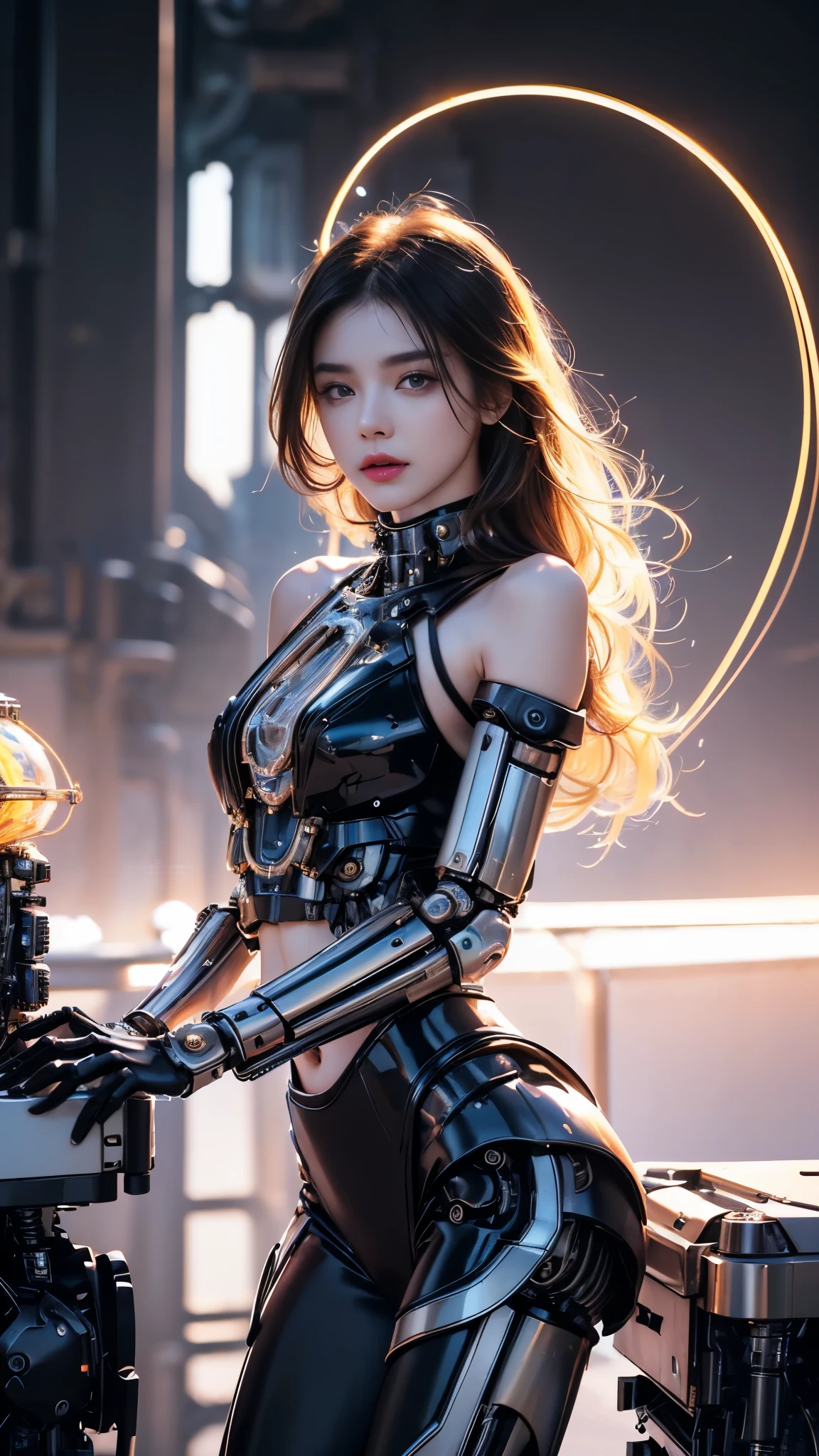 (Female), ((Best quality, 8k, Masterpiece :1.3)), Full body, female robot (((masterpiece))), ((best quality)), (very detailed), (CG illustration), (an very cunning and powerful)), cinematic light, ((1 mechanical girl)), single, (machine-made life), ((mechanical limbechanical cervical vertebra attached to the neck), (seriouale -female)), expressions with screams, (wires and cables attached to head and body: 1.5), (character focus), science fiction, end of times.