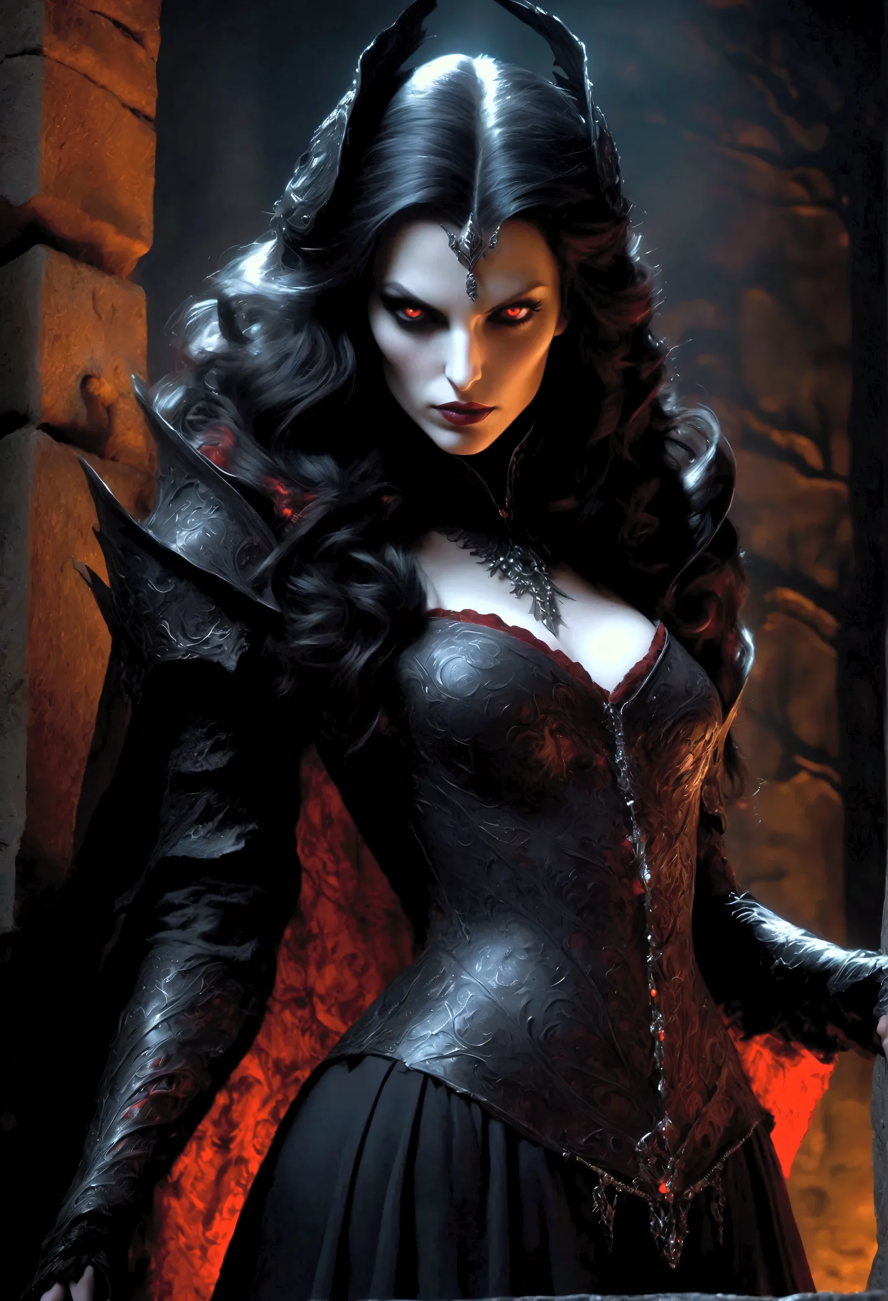 action shot, arafed, dark fantasy art, gothic art, (masterpiece:1.5), full body best details, highly detailed, best quality, highres, NeroV2, full body portrait of a vampire, elf (Masterpiece, best quality, ultra feminine: 1.5)  with a long curvy hair, dark color hair, red eyes (fantasy art, Masterpiece, best quality: 1.3), ((beautiful delicate face)), Ultra Detailed Face (intricate details, fantasy art, Masterpiece, best quality: 1.5), [visible vampiric fangs] (intricate details, fantasy art, Masterpiece, best quality: 1.5), [anatomically correct] red cloak, flowing cloak (intense details, fantasy art, Masterpiece, best quality: 1.3), wearing an intricate leather [white] dress (intricate details, gothic art, Masterpiece, best quality: 1.5), high heeled boots, blood dripping on lips, urban background (intense details, beat details), fantasy, at night light, natural ,moon light, soft moon light, moon rays, clouds, gothic atmosphere, gothic street background, bats flying in background, soft light, dynamic light, [[anatomically correct]], high details, best quality, 16k, [ultra detailed], masterpiece, best quality, (extremely detailed), dynamic angle, ultra wide shot, RAW, photorealistic