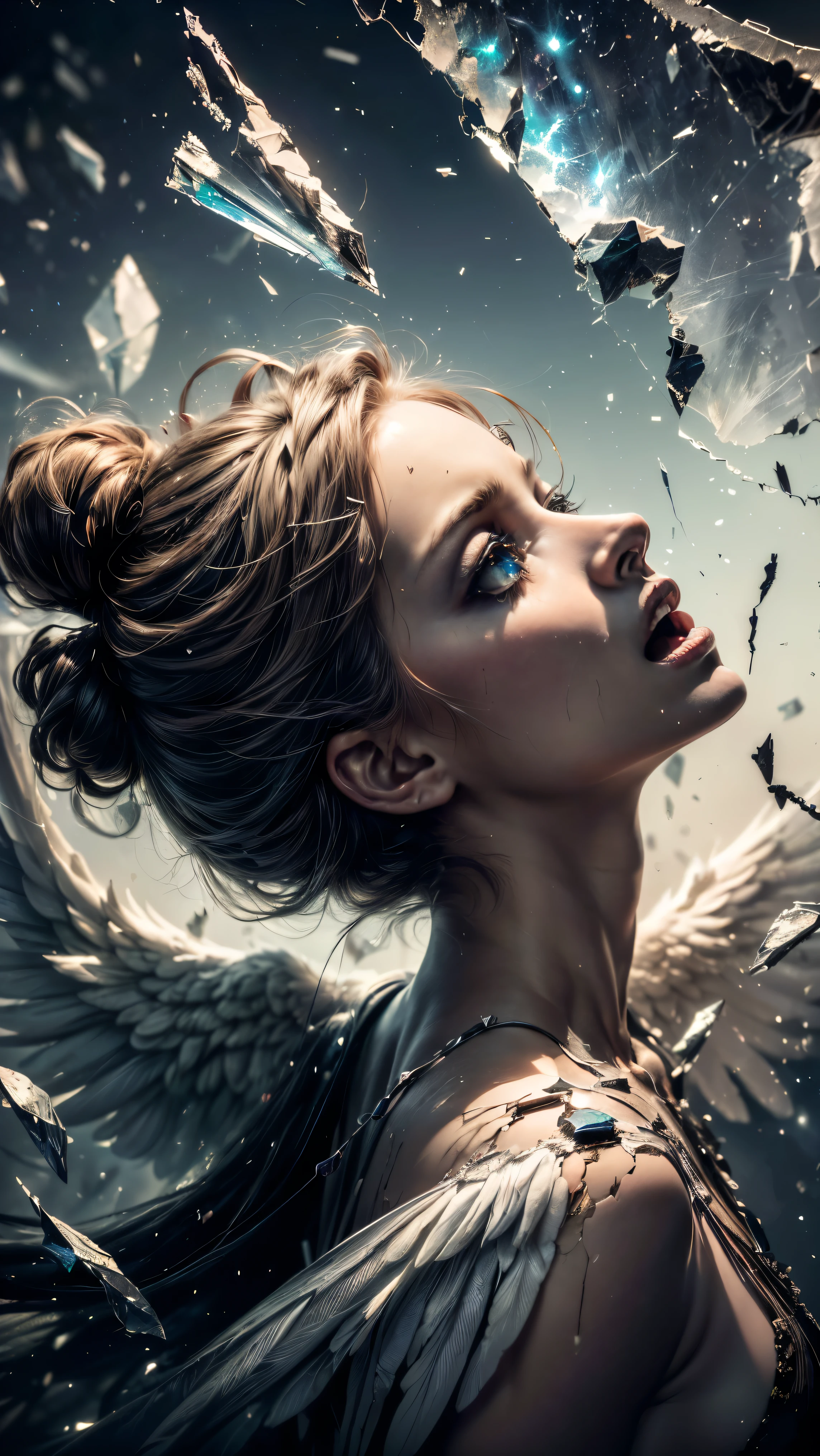 (masterpiece:1.3, Perfect detail: 1.4, top quality, 8k wallpaper), (Beautiful Renaissance paintings), (Twilight Sky), (Glass Sky:1.4, Glass Sky:1.4, The sky is breaking like glass:1.4, Beautiful cracking expression:1.4, Beautiful jewel-like broken pieces: 1.4, Beautiful jewel-like broken pieces: 1.4), (Through a crack in the sky, A horde of angels descends from the cracked sky, A horde of angels descends from the cracked sky, A horde of angels descends from the cracked sky), (Incredibly beautiful backgrounds, Best color usage, Complex color expression)