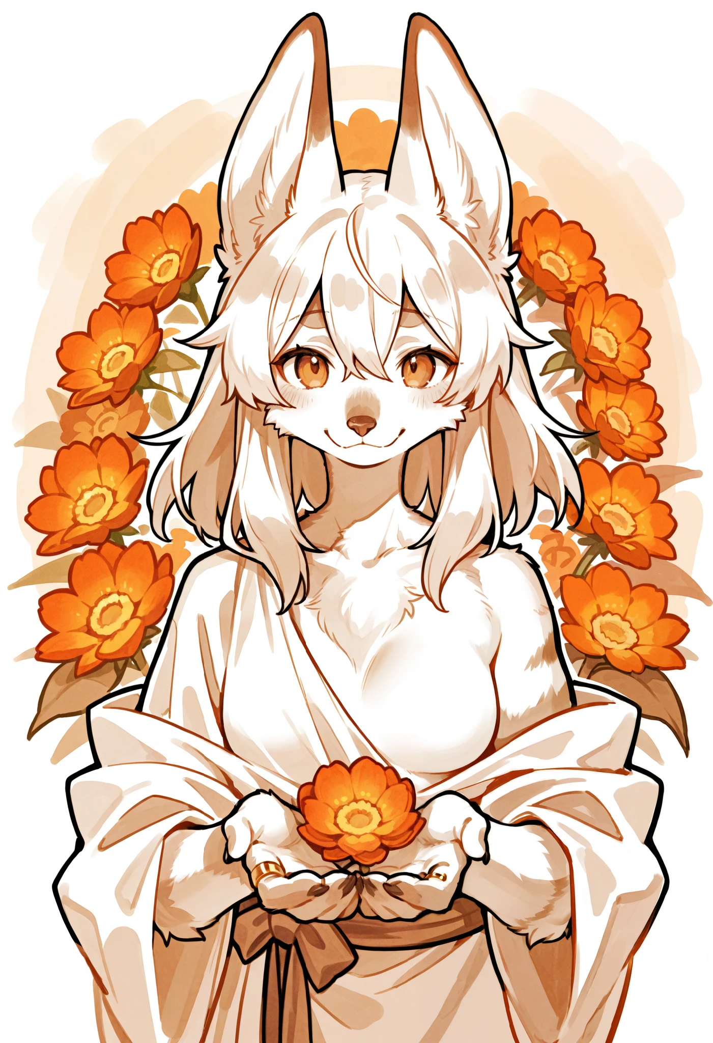 score_9, score_8_up, score_7_up, score_6_up, score_5_up, score_4_up, source_funny, absurdres, perfect anatomy, monochrome, watercolor, highres, 1girl, kemono, furry, detailed body fur, animal face, animal hand, Archaic Smile, holding a cluster of orange flower in both hands, She is wearing a simple ring on the ring finger of her left hand, unfocused spread of orange flower, fan-created work shared on platforms Pixiv or Twitter,