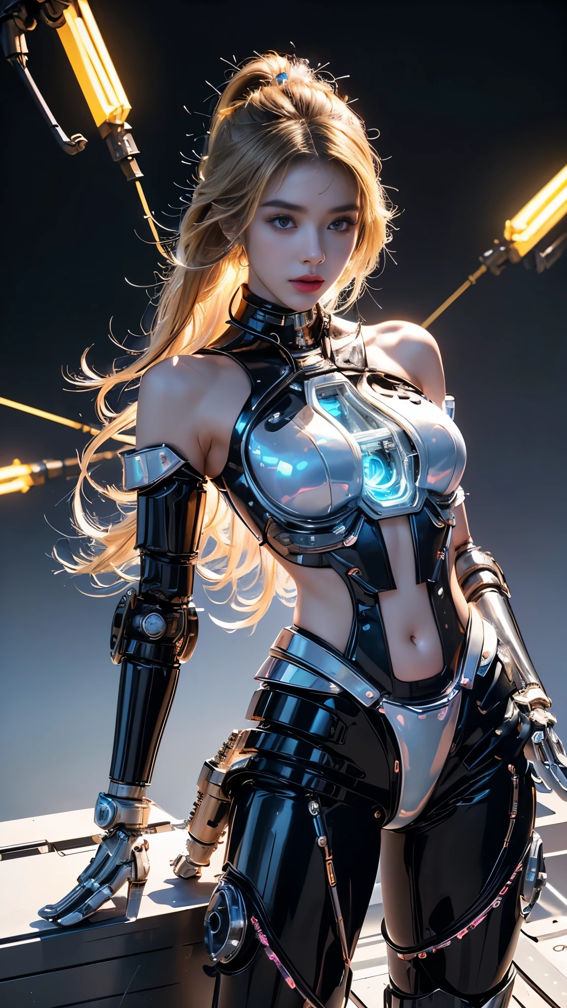 8K, UHD, Masterpiece:1.5, young girl, ((perfect Anatomy)), ((blonde skin)), good face, detailed eyes, very long hair,((gradient black hair)), ((mechanical outfit:1.5)), ((glowing outfit)), ((mechanical bolts)) ((white color)), ((navel)), ((neon wire)), ((bare shoulder)), in the rooftop, ((tyndal effect)), ((ray tracing)), ((bloom)),