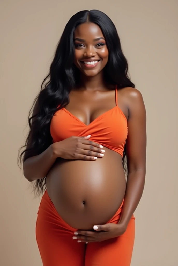 A dark pregnant black girl in a red bikini on the beach having her belly illuminated by the sun showing her ass to the screen with sensuality 
