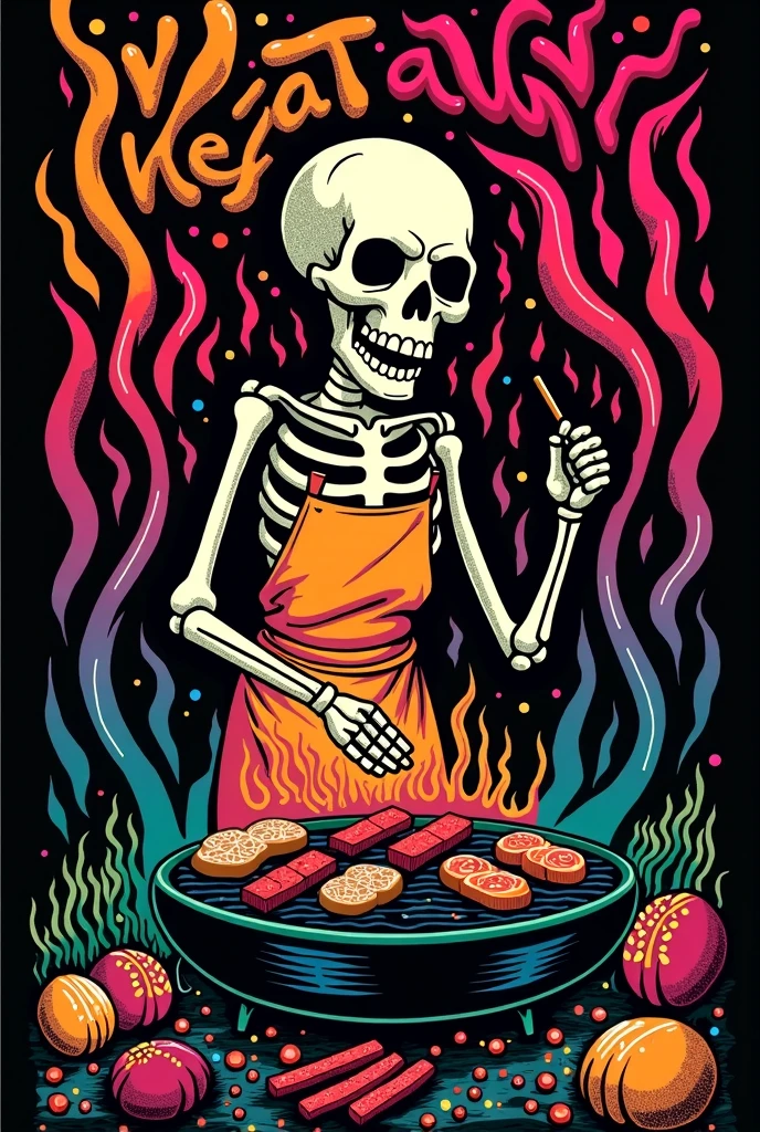 Design a t-shirt featuring a fantasy skullart illustration of a scary skull with a white chef hat  Combine a detailed black and white drawing with vibrant, colorful digital fantasy elements , creepy donuts. Draw inspiration from the intricate and dynamic styles of Dan Mumford, junko mizuno, and Frank Frazetta.negative space