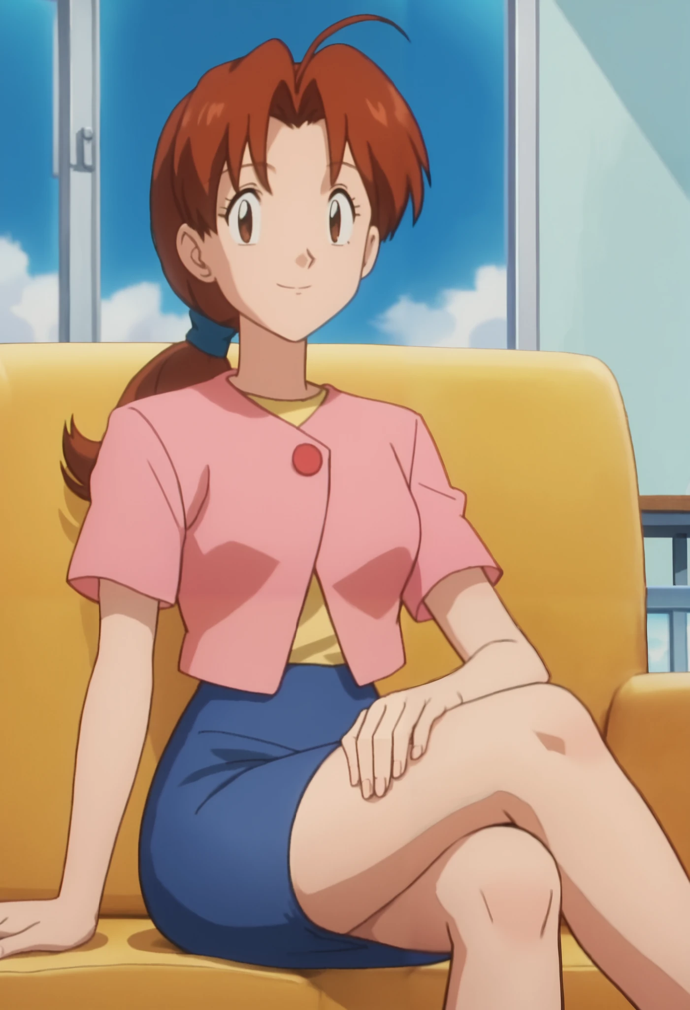 score_9, score_8_up, score_7_up, score_6_up, anime screencap, anime coloring, PMDeliaK, 1girl, solo, brown hair, ponytail, ahoge, long hair, parted bangs, brown eyes, hair tie,
pink jacket, short sleeves, blue skirt, pencil skirt,
crossed legs, smile, looking at viewer, sitting,
BREAK, indoors, couch, blue sky, sunbeam,