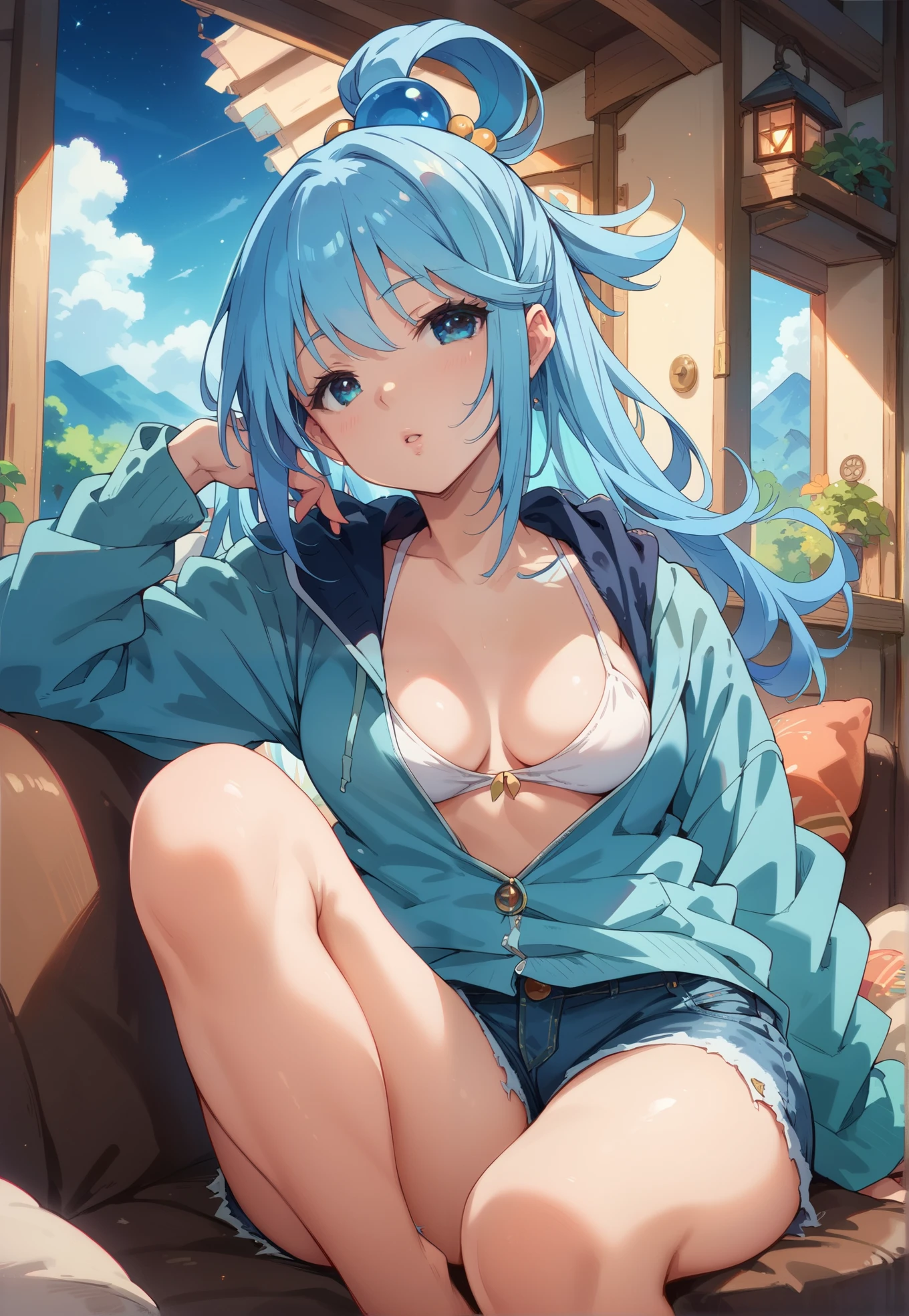 1girl, solo, Aqua , Konosuba, blue hair, parted lips, naturally sagging medium breasts, jean shorts, hoodie with cleavage, sitting on a couch, sexy pose, BREAK, night time, mountain cottage, cinematic lighting and shadows,