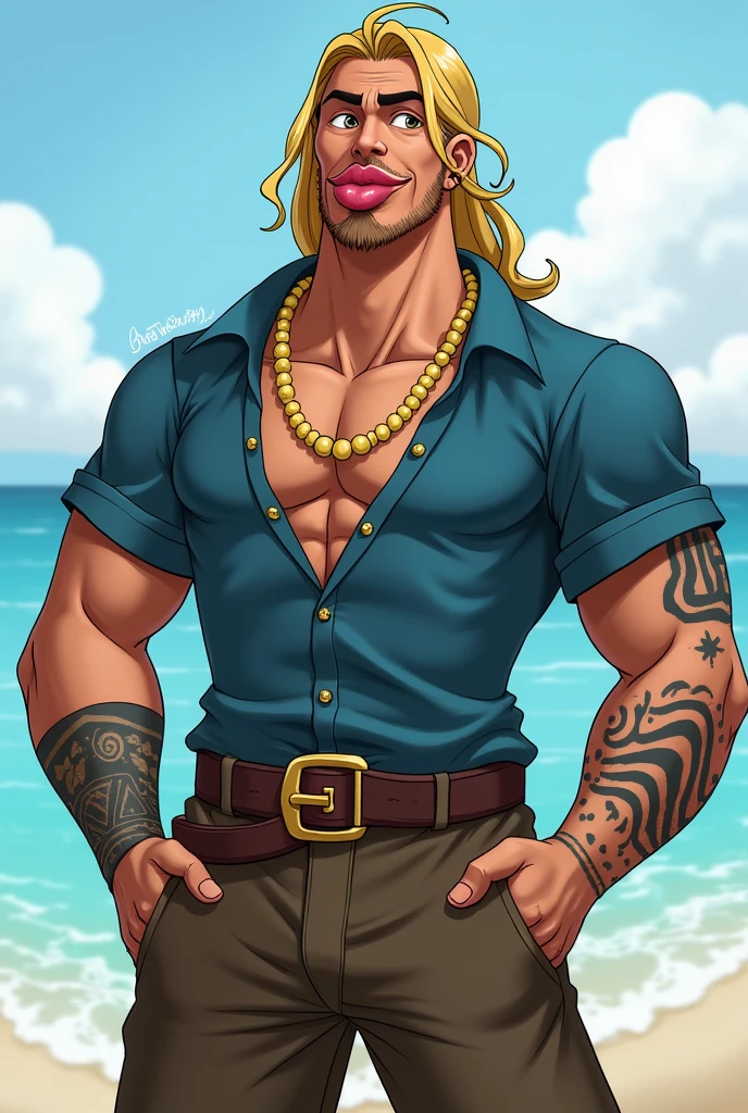 A muscular blonde haired man with blue eyes with long hair and a dark beard wearing a pair of swim trunks is eating watermelon at the beach