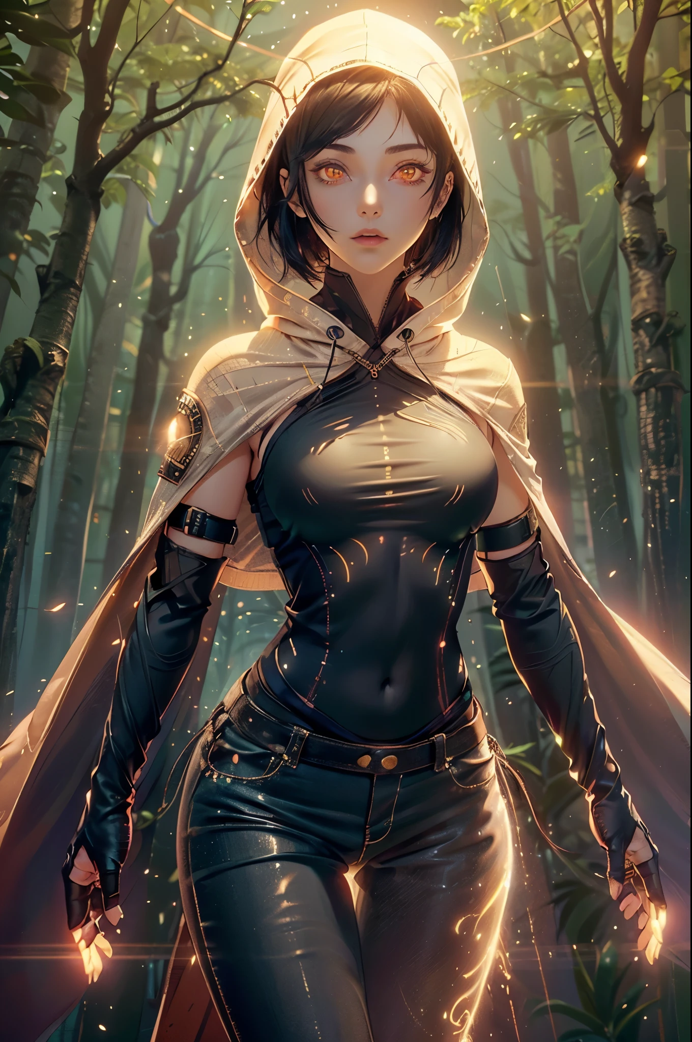 One girl, young girl, curvy, wide hips, pale face, (glowing eyes), revealing sexy top, belly cutout, muscular, abs, biceps, triceps, revealing dress, jio cutout, wide hips, high waist slit, ((small breasts)), hooded cloak, ((tactical gloves)), glow particles, forest, ((short hairs)), (glowing eyes)