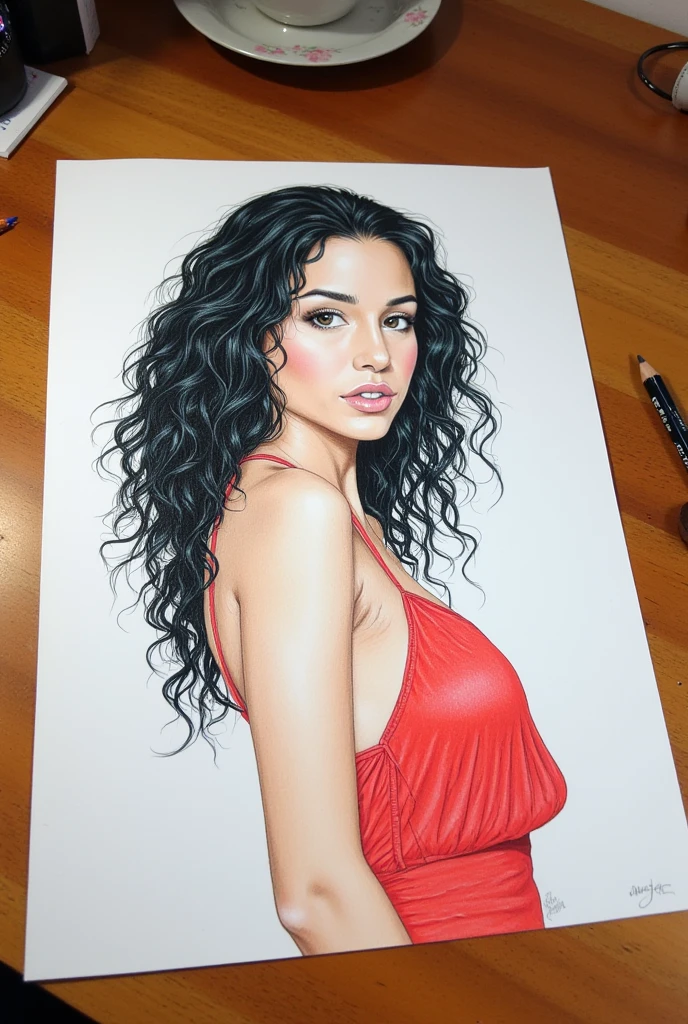 imagine, that you are an artist , specializing in realistic portraits . Draw a young woman with curly black hair , A woman wearing a red summer dress . The canvas with her portrait is lying on a wooden table , next to it is a pencil and other objects. The drawing must be made in pencil and be realistic and detailed.