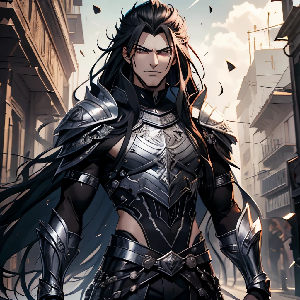 A muscular and imposing warrior with long black hair and bright yellow eyes.