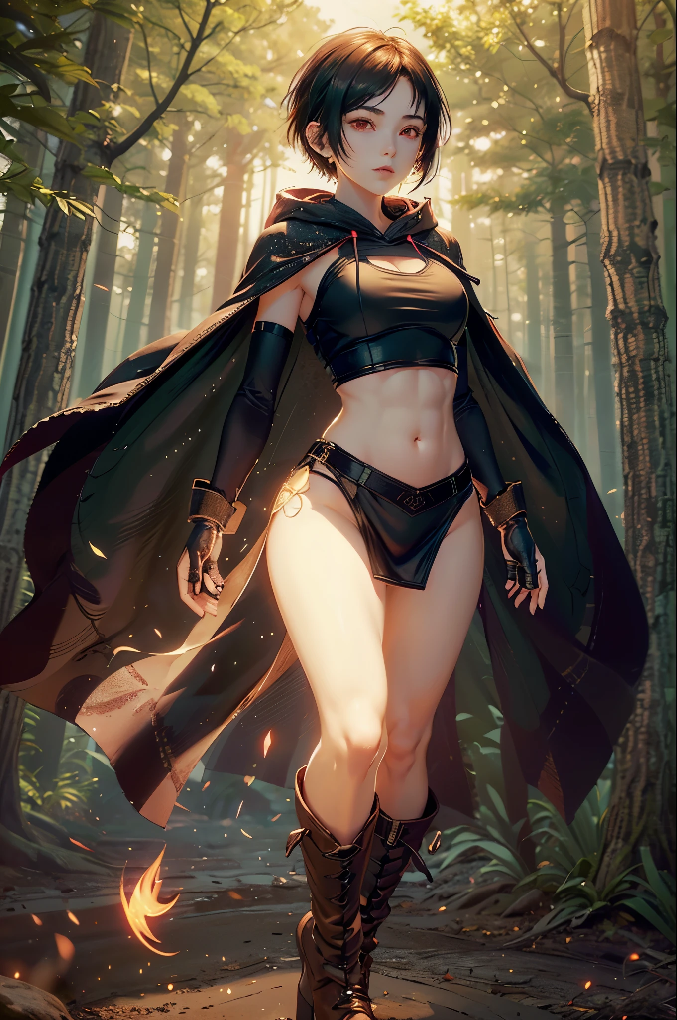 One girl, young girl, curvy, wide hips, pale face, (glowing eyes), revealing sexy top, belly cutout, muscular, abs, biceps, triceps, revealing dress, jio cutout, wide hips, high waist slit, ((small breasts)), hooded cloak, ((tactical gloves)), glow particles, forest, ((short hairs)), glowing eyes, boots, full body