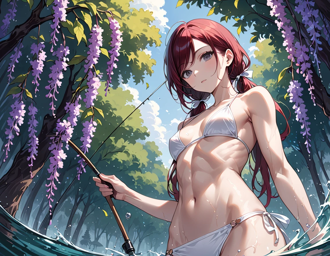sunset shimmer covered in mud, loincloth, in a forest, holding a knife, bikini top, underboob