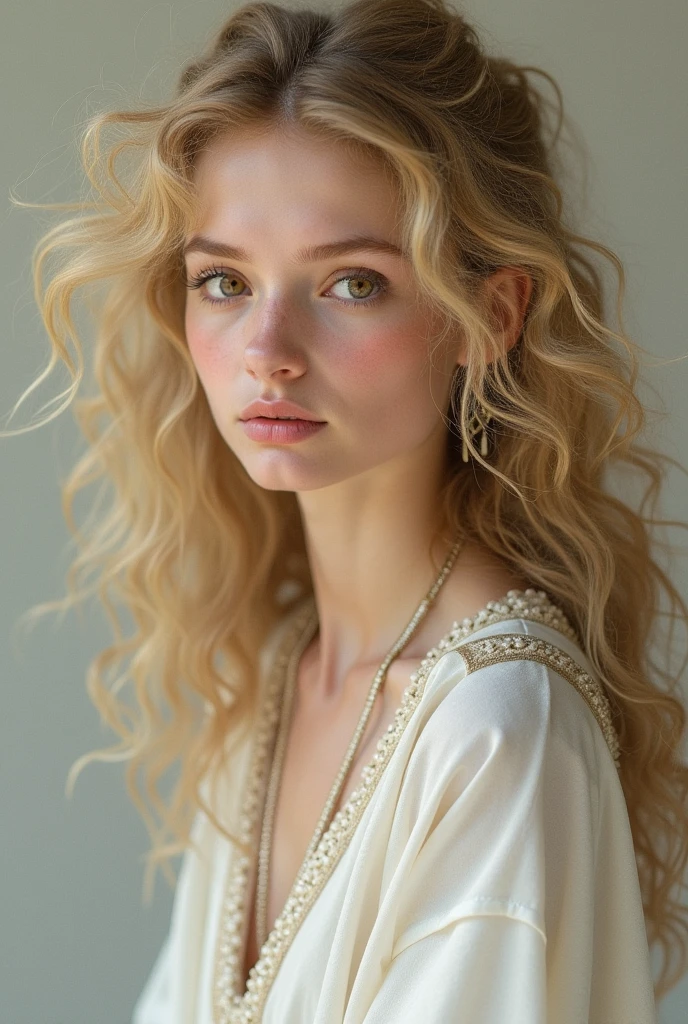 photo ultra réaliste 1fille 25 ans, Bronze, complexion with, bare, Longhaire, wavy hair, smalll breasts, cheveux blonds, bare shoulders, yeux bruns, Joaillerie, full  body, corps sexy, wears a white patterned dress sitting in a cafe tarasse with Paris in aerial view 