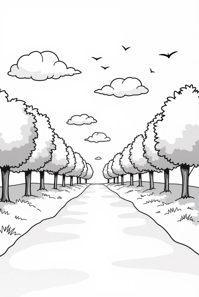 Generates a black and white picture of a park.
The image is suitable for an English paper, allowing students to write 5 sentences about it.
The park should include:
- Clouds
chirldern - Trees
- Kites
- Other park elements
