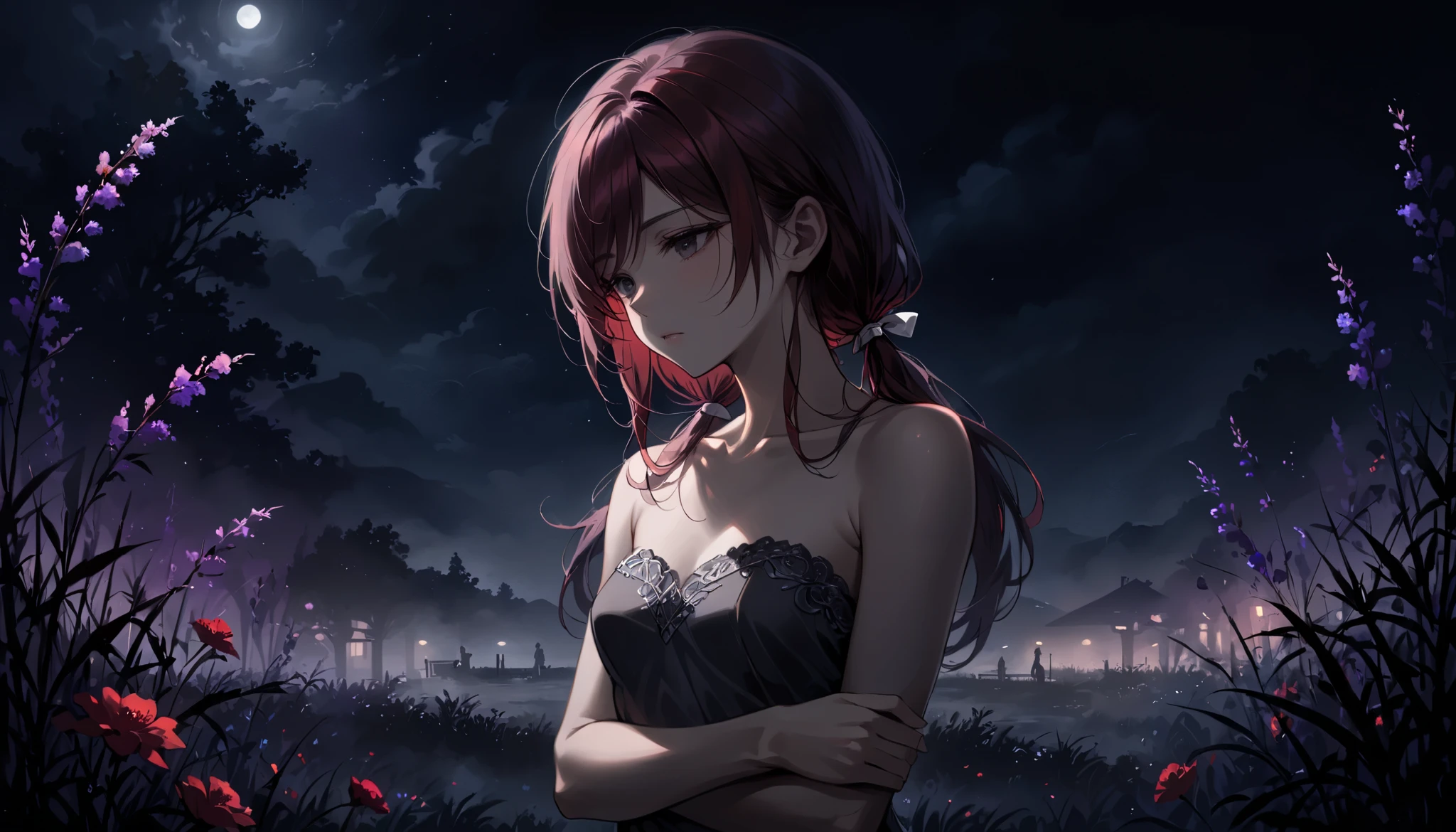 (masterpiece:1.2, best quality:1.1, highres,absurdres, high quality),(photorealistic:1.1),reflected light, colorful,ultra-detailed, ultra hd, super detailed,
iasGremory,red hair, long hair, blue eyes, ahoge, huge breasts, moon,(moonlight), night sky, sitting on chair,playing piano,piano,wind, wind lift, from side, rain,wet hair, wet clothes, black dress, sideboob, outdoors, grass,night,dark theme, shiny hair,glowing eyes, wdrop,wet, water drop,
<lora:LowRA:0.4> <lora:HighSchoolDxD_RiasGremory:0.7> <lora:wdrop:0.4>