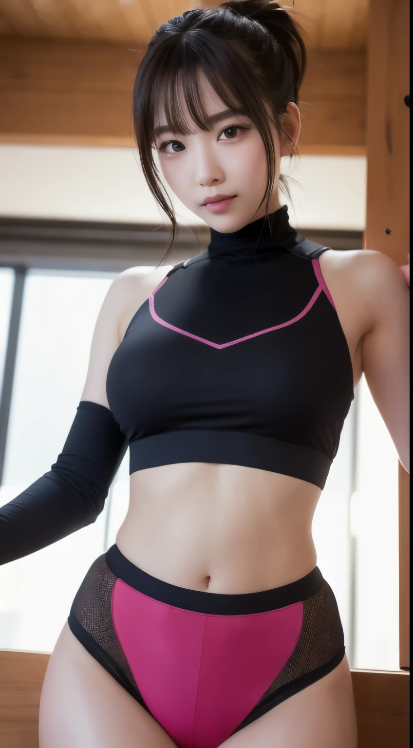 (acrobatic pose), 8K, masterpiece, Raw photo, Best Quality, Photorealistic, extremely detailed CG unity 8K wallpaper, depth of fields, clear focus, Cinematic Light, professional lighting, Lens Flare, Ray tracing, (Extremely beautiful face, Beautiful lips, Beautiful eyes), intricate detail face, ((Ultra detailed skin)) 1girl in, cute asian woman, Clear eyes, (pale skin), Brown hair, ponytail, Very slim, Large breasts, Highly detailed, A hyper-realistic, ((opened breast)), fitness center, smiling, well-equipped background with treadmills and weights, beautiful face, sports gym, smiling, cleavage, (wet), ((sweat)), ((wet clothes)), (pink sports bra), (black compression shorts)