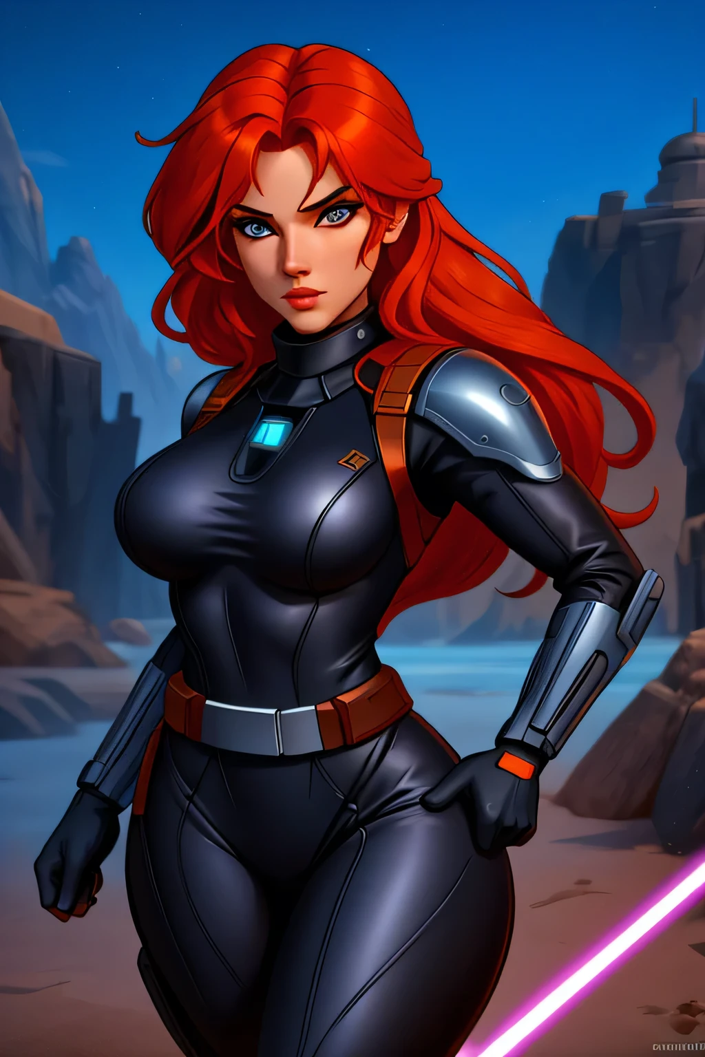 Mara Jade, is depicted wearing her sleek, black tactical suit, which accentuates her agility and strength. Her orange hair is shoulder length, adding a touch of elegance to her fierce persona. As she holds her purple lightsaber with a tight grip, her intense, piercing eyes convey a mix of determination and alertness. The pose highlights her readiness for action, capturing the essence of her character's blend of grace and lethal skill. The scene often shows her in a dynamic environment, ready to face whatever comes next, embodying the essence of a seasoned Jedi. 
