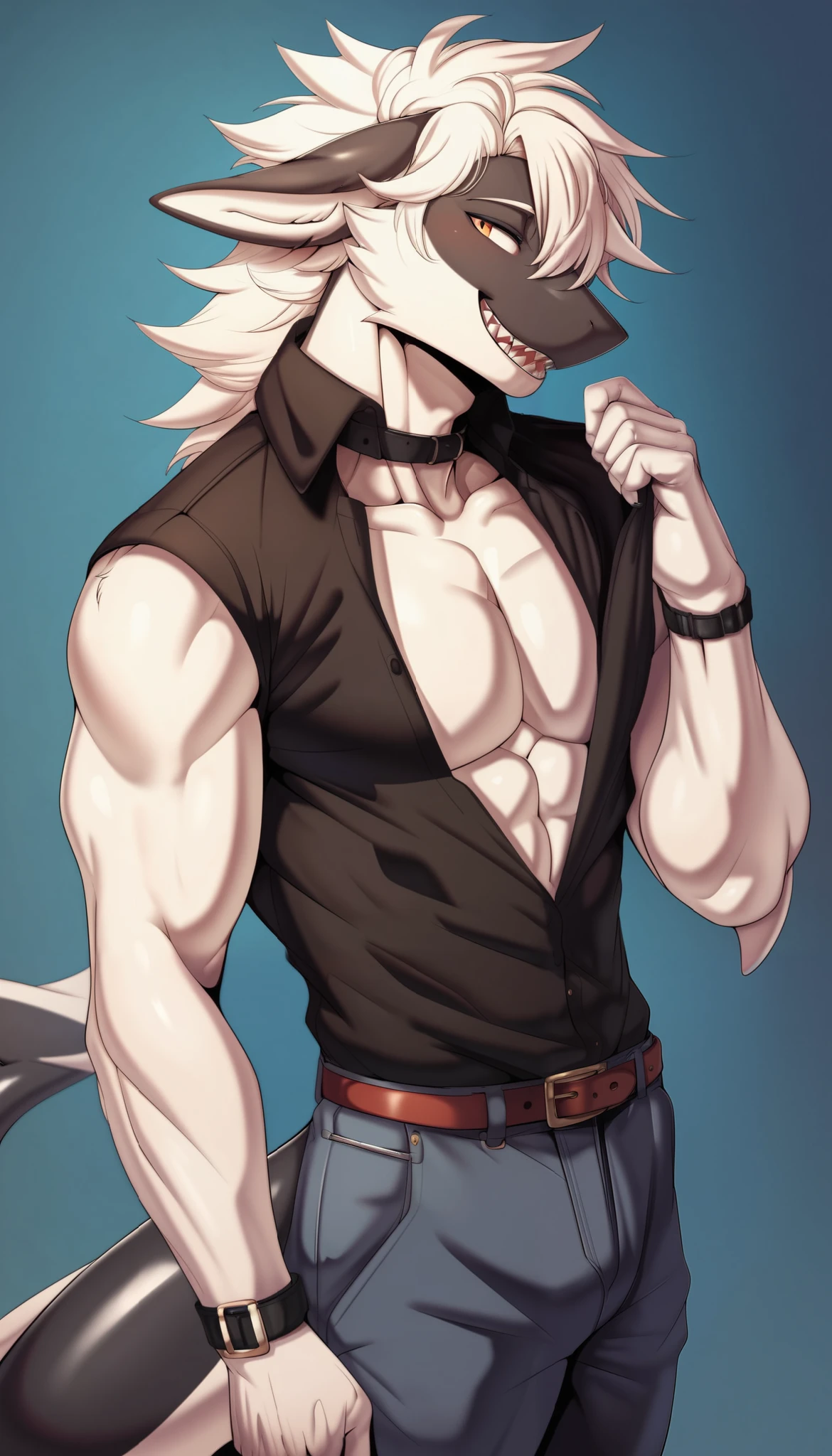 Chazwick, appears as a tall, shark-like demon, having gray-toned skin with a lighter underside, fins also sport a similar pattern, dark green accents and white spots on their ends, 3 gills on each side of his body, missing a tooth on the right side, small scar on his right eye, two scars on his chest, scar on his upper left arm, short, evergreen hair that sticks upwards, dark horns protruding from his head, sea green teeth, long tail, pants, belt with a bone buckle