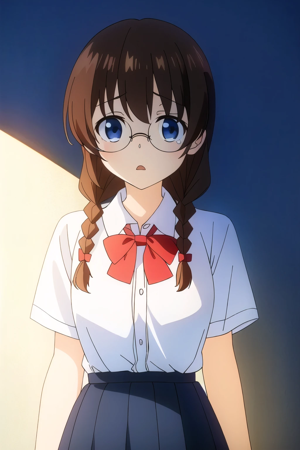 anime style with dark hair and braids。 she wears round glasses 、I'm wearing a white Y-shirt with a large red bow tie around the collar 、 and a navy pleated skirt of modest length。 character has a slightly surprised expression, and 、 The expression of the 。 The background has soft interior lighting and a simple design 、 the character has a composition that stands out 。