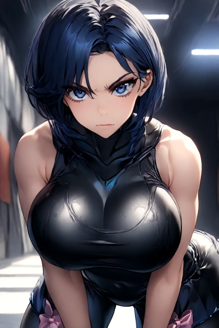 Anime style woman with leather/latex top with zipper, open zipper, posing for a photo, from the waist up, long straight hair, serious face, seen from above, looking from above, highlight large breasts (oppai) highlighted, marking the top, no lingerie, does not wear lingerie, generous and tasty neckline, extremely detailed artgerm, model IG | Artgerm, Artgerm. High detail, Artgerm detailed, Artgerm in Artstation Pixiv, Artgerm. Anime illustration, artgerm portrait, artgerm style, artgerm 4 k, artgerm and rossdraw