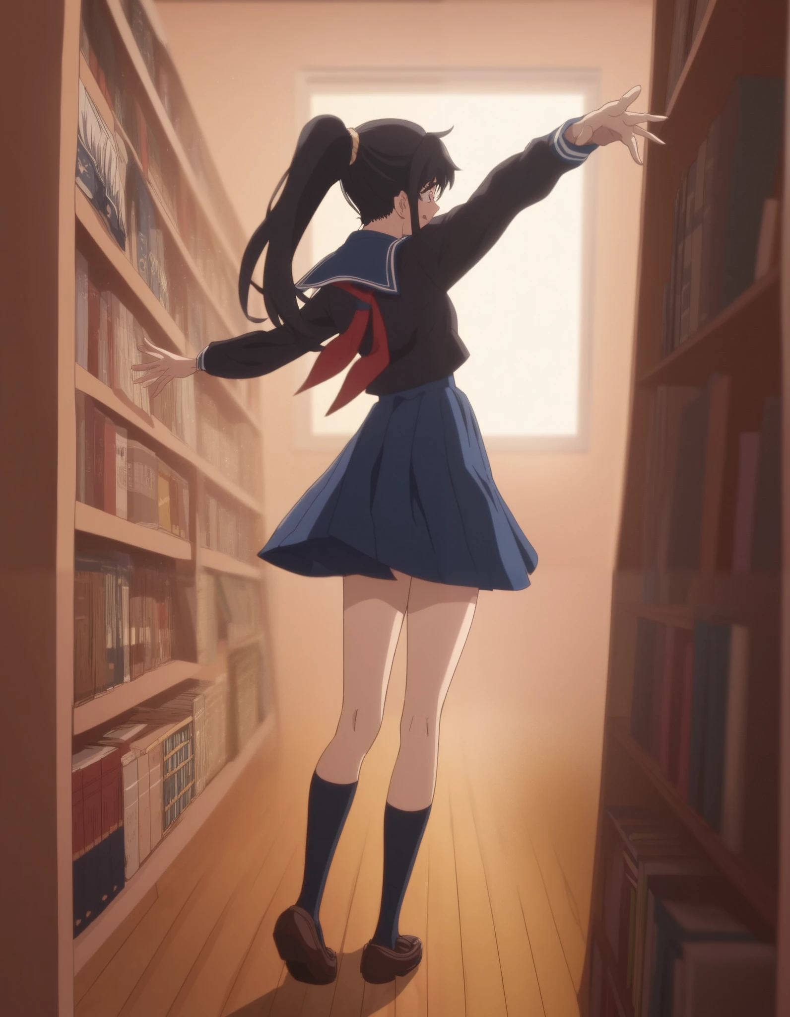 masterpiece, best quality, amazing quality, highres, absurdres, very aesthetic, high resolution, ultra detailed, perfect details, indoors, library, 1girl, solo, very long hair, jet black hair, ponytail, sidelocks, wispy bangs, dark eyes, serafuku, long sleeves, blue sleeve ends, blue sailor collar, red neckerchief, blue skirt, pleated skirt, black socks, kneehighs, loafers (aged up:1.5), anime screencap, anime coloring, looking at book on top shelf, (reaching up for book on top shelf: 1.4), shy, 1.7 head to body ratio,