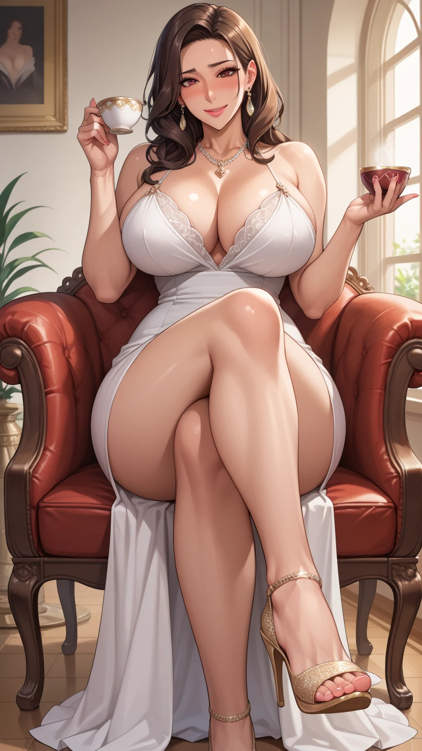 A painting of a woman with Gigantic saggy breasts, Milk breasts, for milking, Huge , sitting by open window witha bird purched on the ledge, clay interior walls, her eyes closed, perfect arms and hands, elegant in nature, beautiful backlighting on hair, full lips, wavy hair, up-do, her elbow leaning on arm of chair, {{Antique rosewood armchair / Georgian button back chair}}, with her hand resting under her chin, smiling about the events of the day, wearing a beautiful polka dots dress, with exposed cleavage, {{nudity}} breasts exposed and hanging out, {{1 breast out leaking milk from nipple}}, ((golden ratio}} sleepy after a long day, a sensual painting, a Beautiful expressive painting, Wadim Kashin. Ultra photo realism, Louise Ross, digital painting art, Perceptual digital painting, Stylish digital painting, Bonito painting, glossy digital painting, beautiful digital painting, digital art painting, Fine paintings, thick strokes, pallette knife, impasto, Albrecht Dürer, Rembrandt, baroque art, alla prima, sfumato, chiaroscuro, intense light, {{catchlight}}