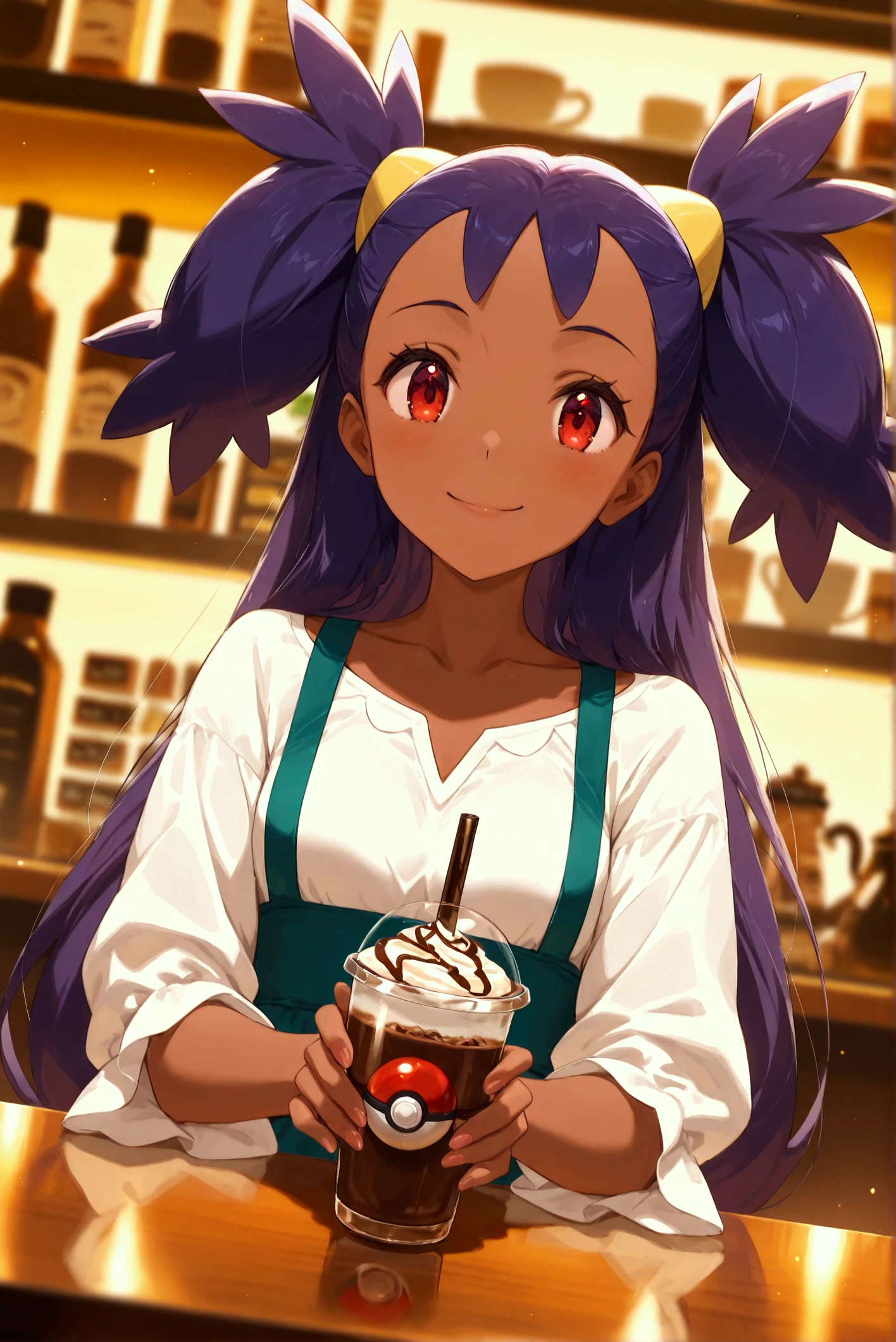 (Iris: Iris, Main Outfit,),solo, holding a pokeball, holding a tapioca drink in her hand, coffee bar,solo, Dynamic angle,smiling, (Best quality,Exquisite facial features,Split Lighting,UHD), blurry movement