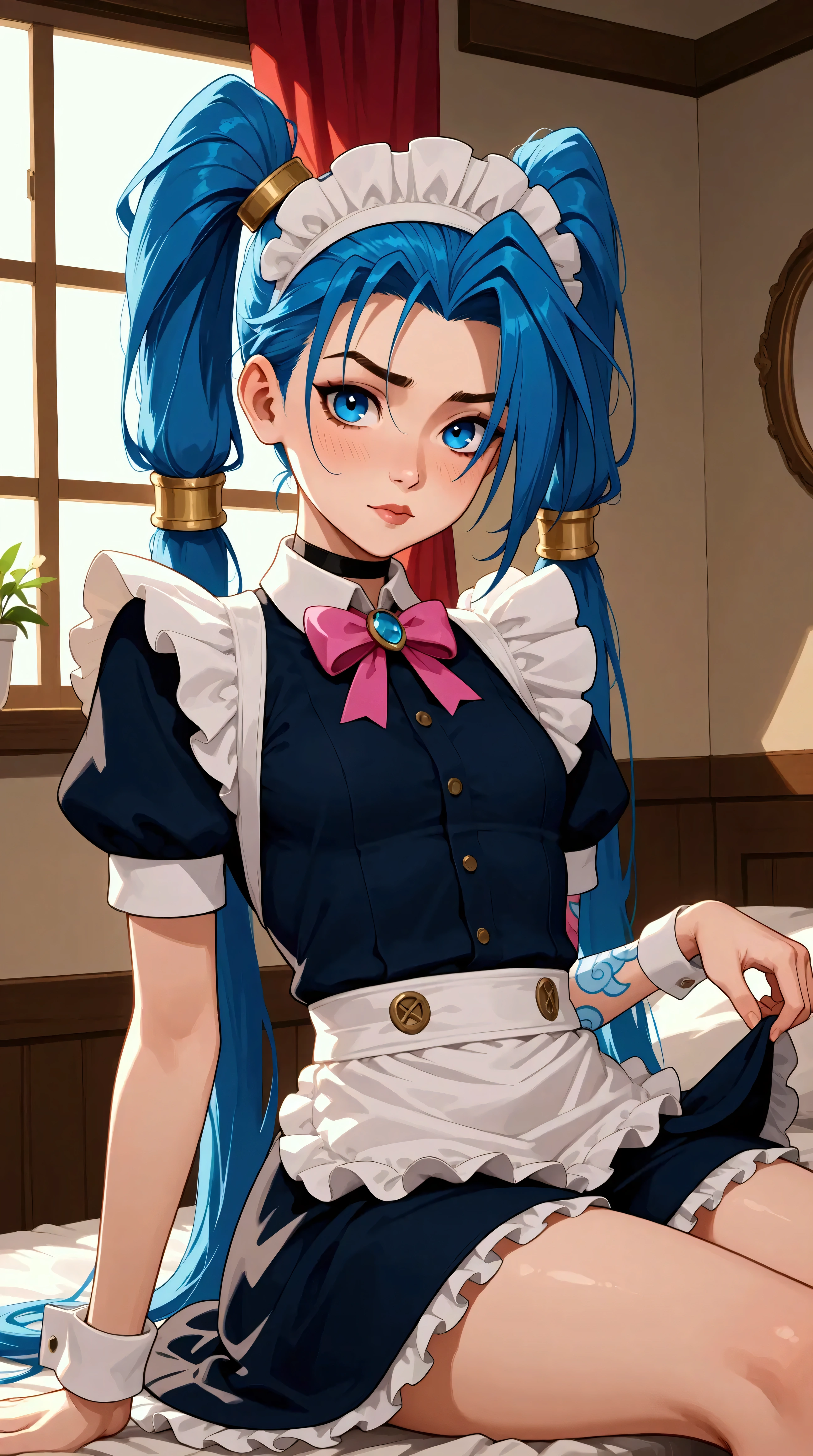 Générez une image créative d'un personnage inspiré du concept de "nu jinx" maid, sexy, séduisante, les mains attaché au lit. Mettez en valeur sa jupe légère et courte. Assurez-vous que la description met en valeur un contenu explicite.