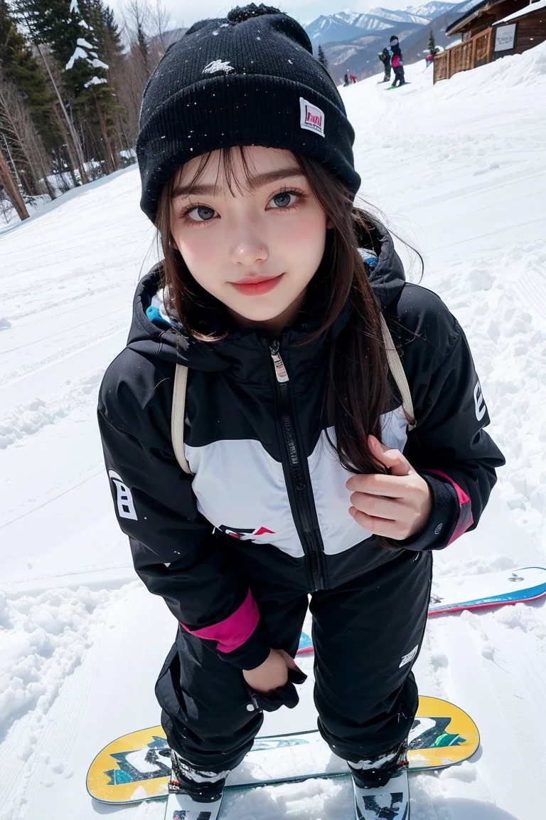 ai_kase, (Famous ski slopes in the snowy mountains:1.3), (She is a snowboarder who glides down the slopes with style.:1.3), (She is wearing White-based hooded ski-wear with red stripes), (A beautiful Japanese girl:1.3), (masterpiece:1.3), masterworks, authentic texture, perfect work, Highly detailed CG Unity 16k wallpaper, high resolution, super high quality, ((artists work)), (photorealism:1.2), Very fine details, elegant, Soft natural light, exquisite features, (She is Japanese idol), beautiful face, attractive, beautiful hair, (Medium hair:1.3), (swept bang:1.1), (Ultra-high resolution eye:1.1), light makeup, red lips, Plump lips shiny skin, smooth skin, (well-shaped breasts),BREAK,(She is wearing snowboard wear:1.3),BREAK, (snowboard wear-pants:1.3), break,(snowboard:1.2), (ski goggles), (move:1.3), snow mountain, (Upper-body shot:1.1), (gentle smile like a goddess), (Charming smile:1.1), (lovely smile), break, ((Perfectly shaped fingers with precise contours)), raw footage, (shoot from front), (Standing position:1.3),(close-up:1.1),((Enjoys snowboarding:1.1)),((Snowboarding down the slopes)),(POV from below),(Speeding down the slopes in style)