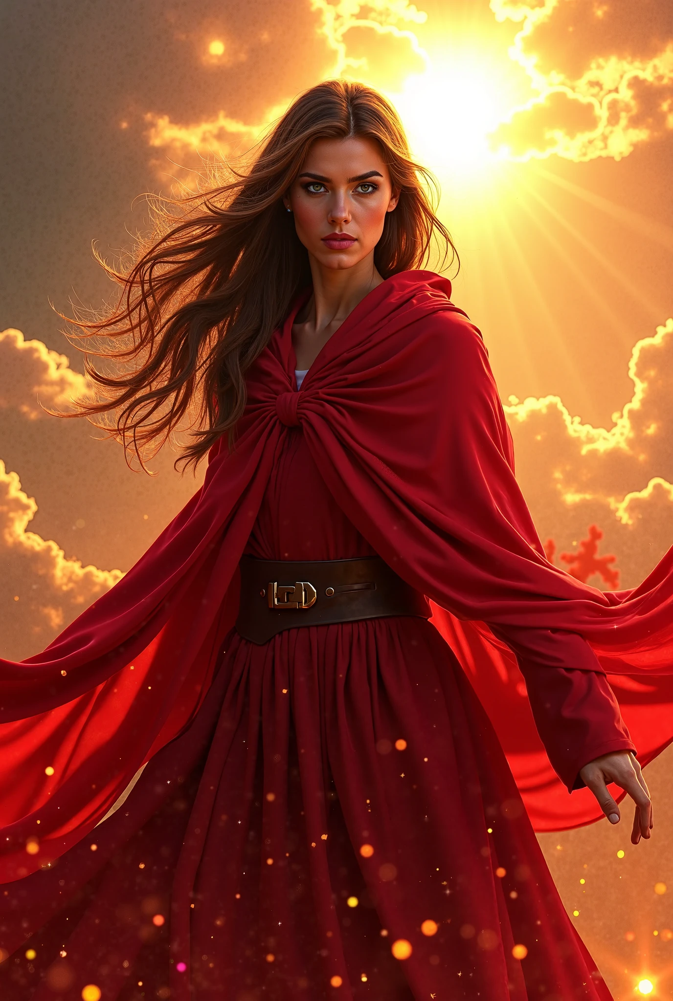 Crée moi une femme cheveux long brune de la tête au ventre avec une cape rouge et des éclairs derrière et un soleils