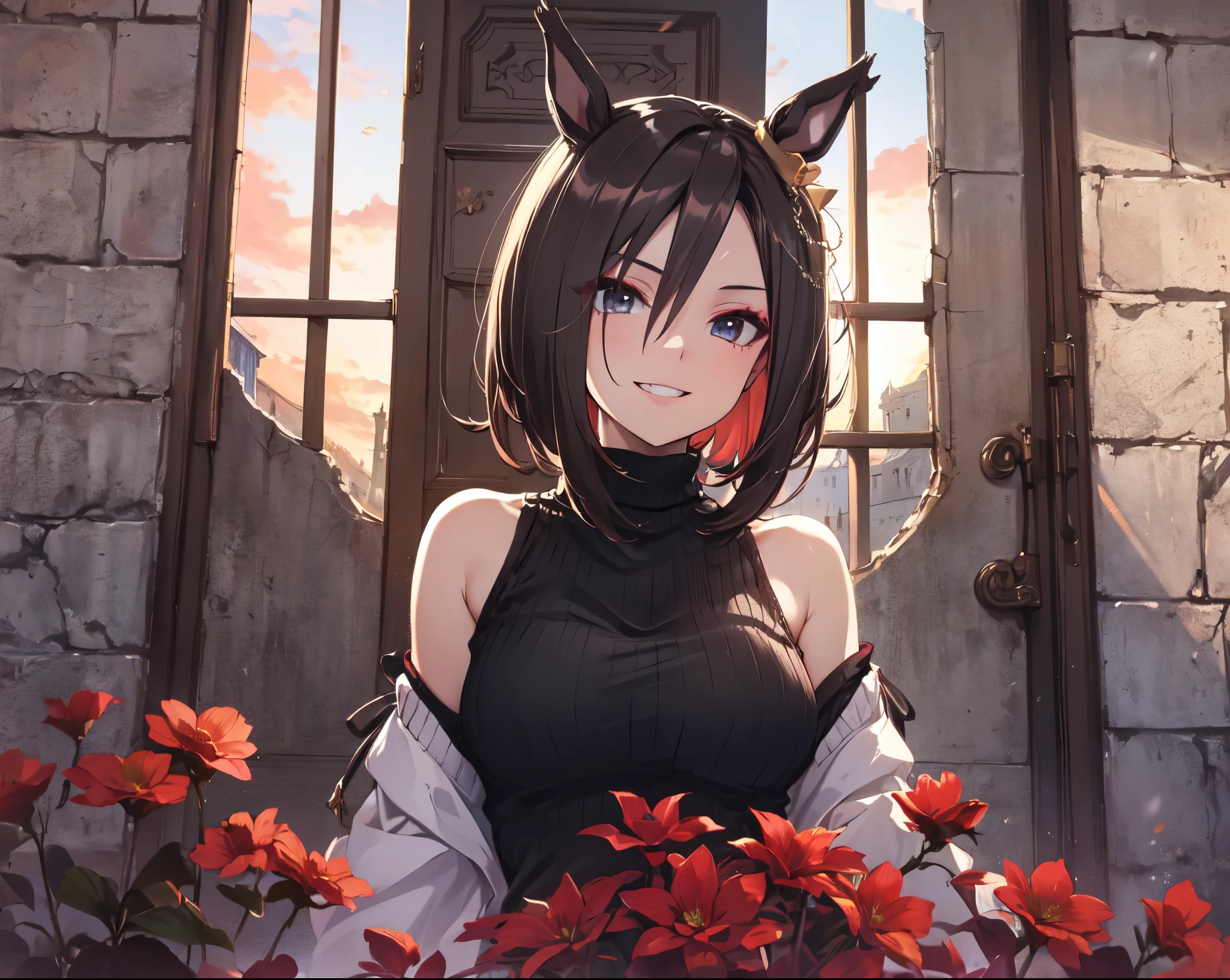 ((alone、sexual、upper body、 door up)), big smile when looking back、Horse Ears, (( turtleneck 、Warp knit sweater)), Looking to the Side with Arms Crossed, Accentuating Sideboob. Laughing, ((Red Sky, red Flowers、Inside the castle wall )), Wind Blowing, UHD, retina, Masterpiece, Accurate, Anatomically Correct, Textured Skin, Ultra Detailed, High Detail, High Quality, Award Winning, Top Quality, High Resolution, 16k,