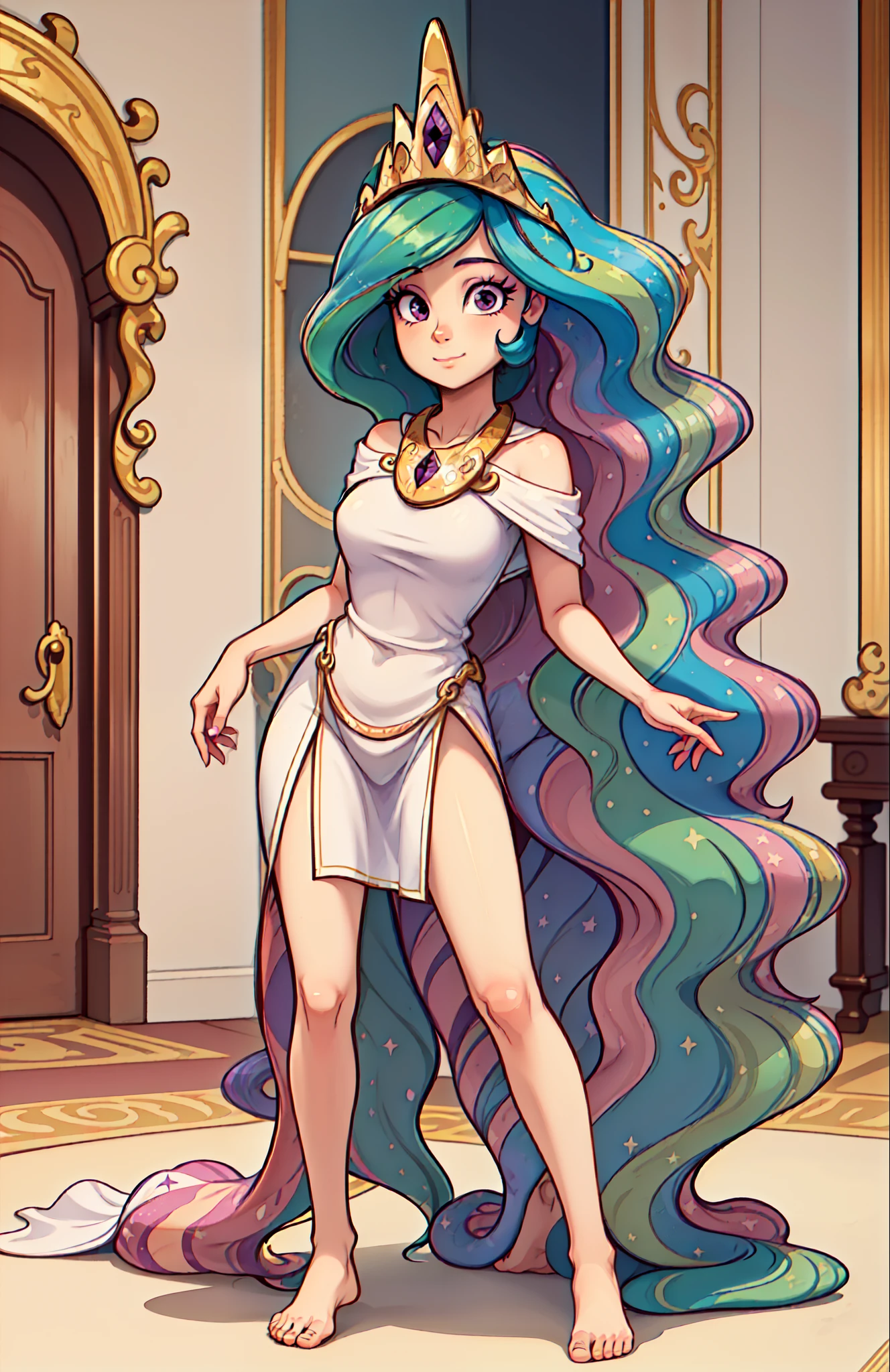 princess_celestia wearing a tunic,regalia,crown,scene is luxurious palace hall,barefoot (hair over one eye, one eye covered),masterpiece,best quality,
