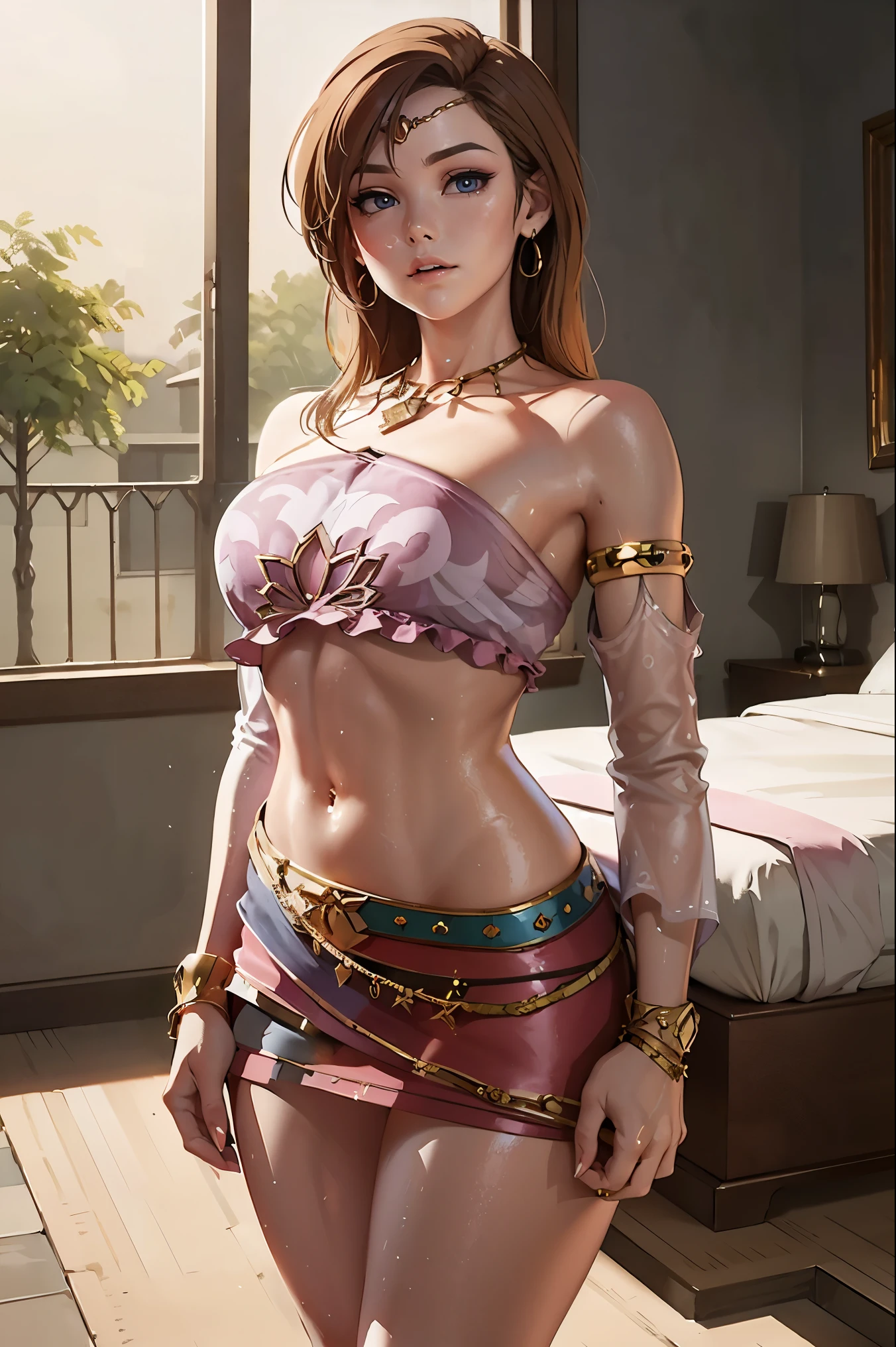 The clothing described is pink in color and consists of two main pieces . The upper part is a top that has a halter design , with straps that connect behind the neck , leaving the abdomen exposed . The fabric is light and tight , adapting well to the body . A The lower part is a short skirt that is also made of the same material, with a tight cut that highlights the curves .
there are additional details, like a chain or thin belt at the waist , that adds a touch of style . The combination of the clothes is quite feminine and attractive , with a casual, summer look . The model also wears accessories such as large earrings and necklaces , that complement the look . The environment in the background appears to be a bedroom , with a bed decorated in neutral tones .