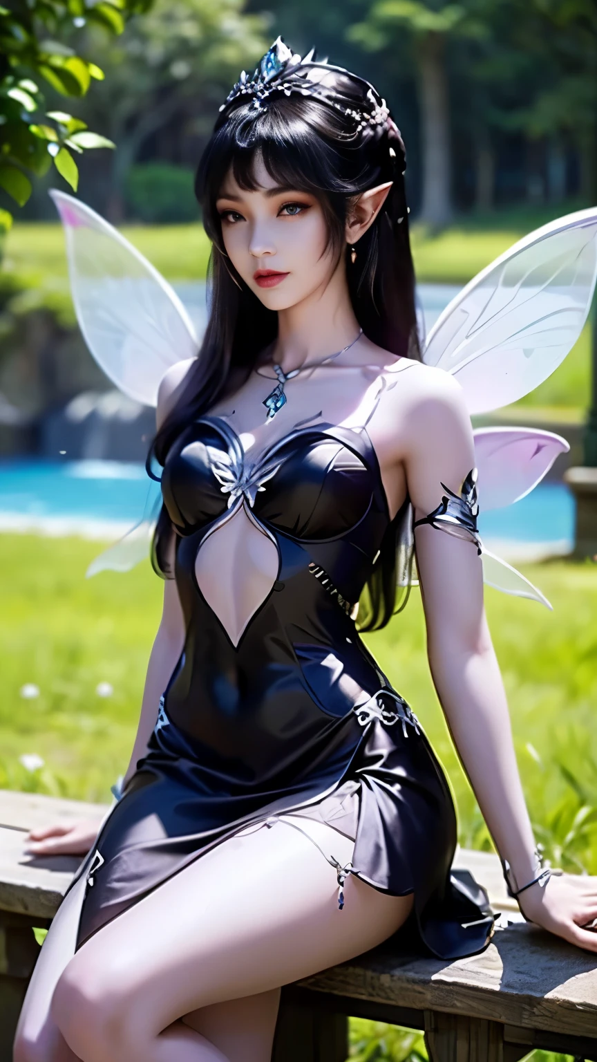 a beautiful elf with huge black fairy wings, the elf has long and voluminous black hair and red eyes, wearing a black latex bodysuit that fits her body well and a seductive neckline, large breasts, ((Jessica Matten)), curvy body, dynamic poses, professional rehearsal, Jessica Matten, fairy, garden blackground, attention to detail, focus, sharpness, absurd details, realism, hyper focus, perfect fingers, lying on the grass, viewer's view from above, well-drawn lips, clear face, white aesthetic, colors in tone pastel, fhd, 4k, high resolution, dynamic poses, clear faces, soft expressions, gentle smile